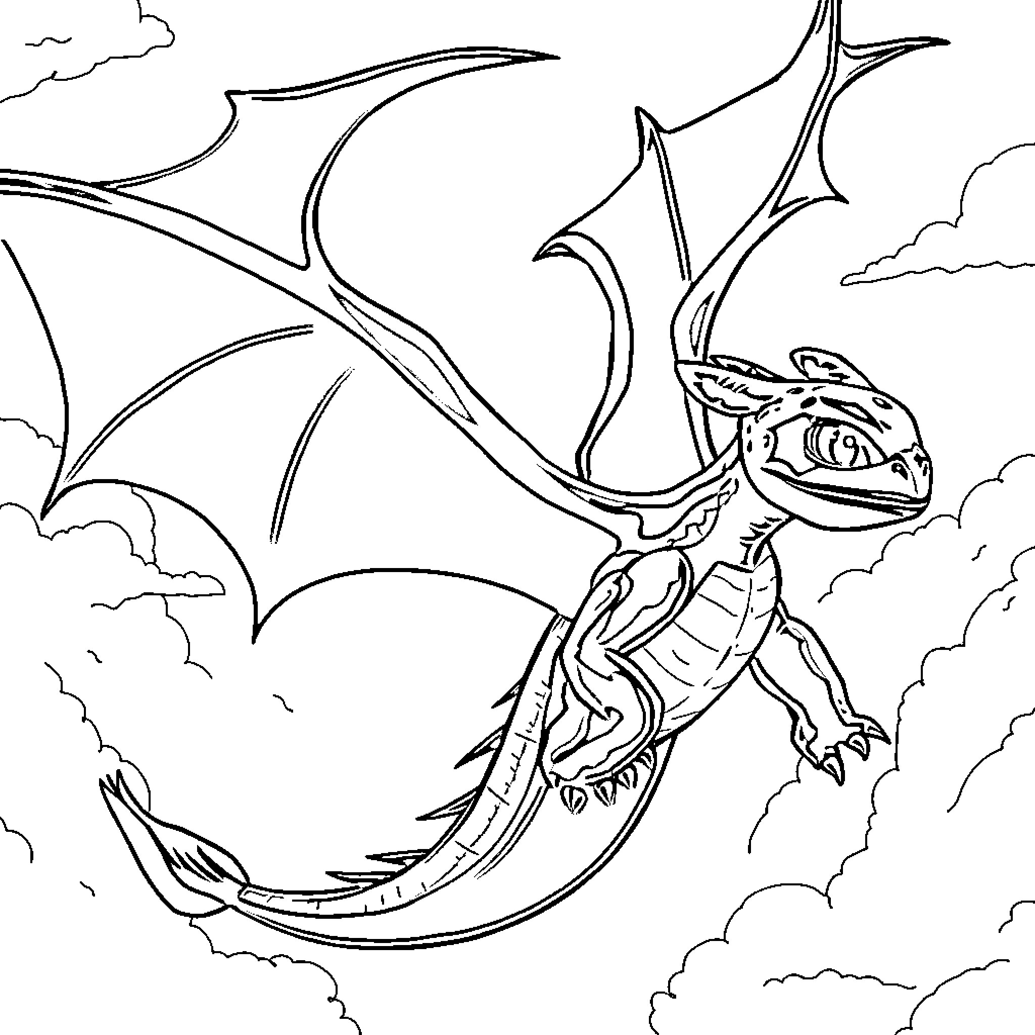 Toothless dragon soaring through cloudy skies Coloring Page (free black-and-white line drawing printable PDF for all, from beginners to advanced learners, including children, teens, adults, and seniors)
