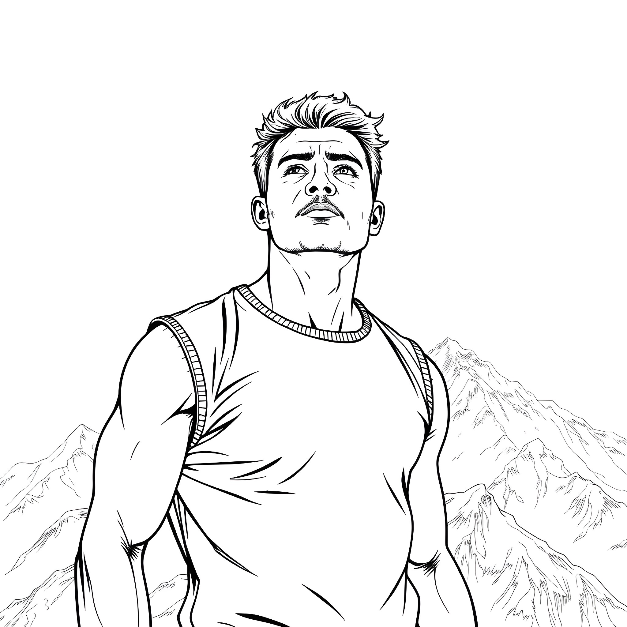 Man gazing confidently in the mountains Coloring Page (free black-and-white line drawing printable PDF for all, from beginners to advanced learners, including children, teens, adults, and seniors)