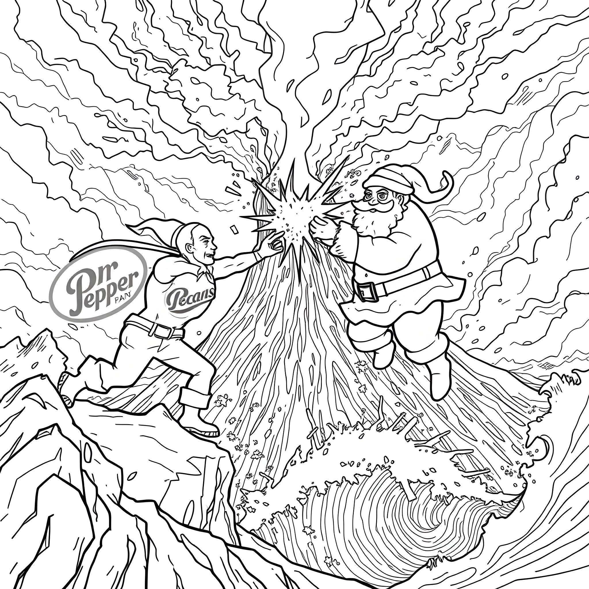 Soda Mascots Battling with Explosive Burst Coloring Page (free black-and-white line drawing printable PDF for all, from beginners to advanced learners, including children, teens, adults, and seniors)