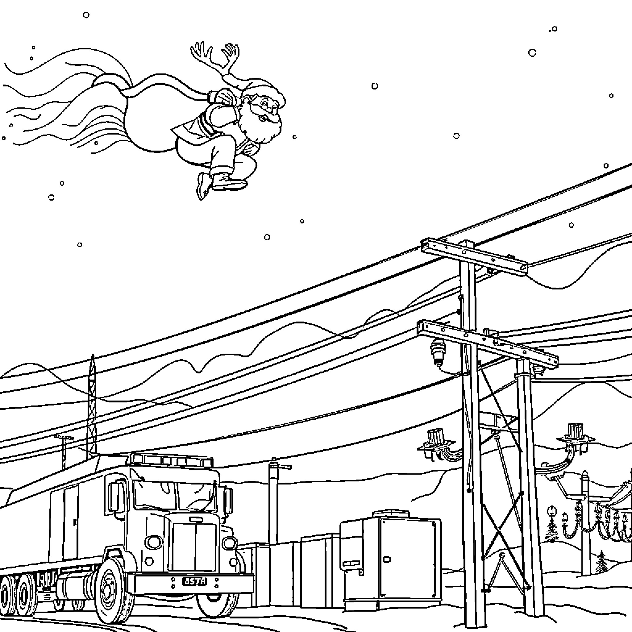 Santa Claus soaring through the sky over a snowy town Coloring Page (free black-and-white line drawing printable PDF for all, from beginners to advanced learners, including children, teens, adults, and seniors)