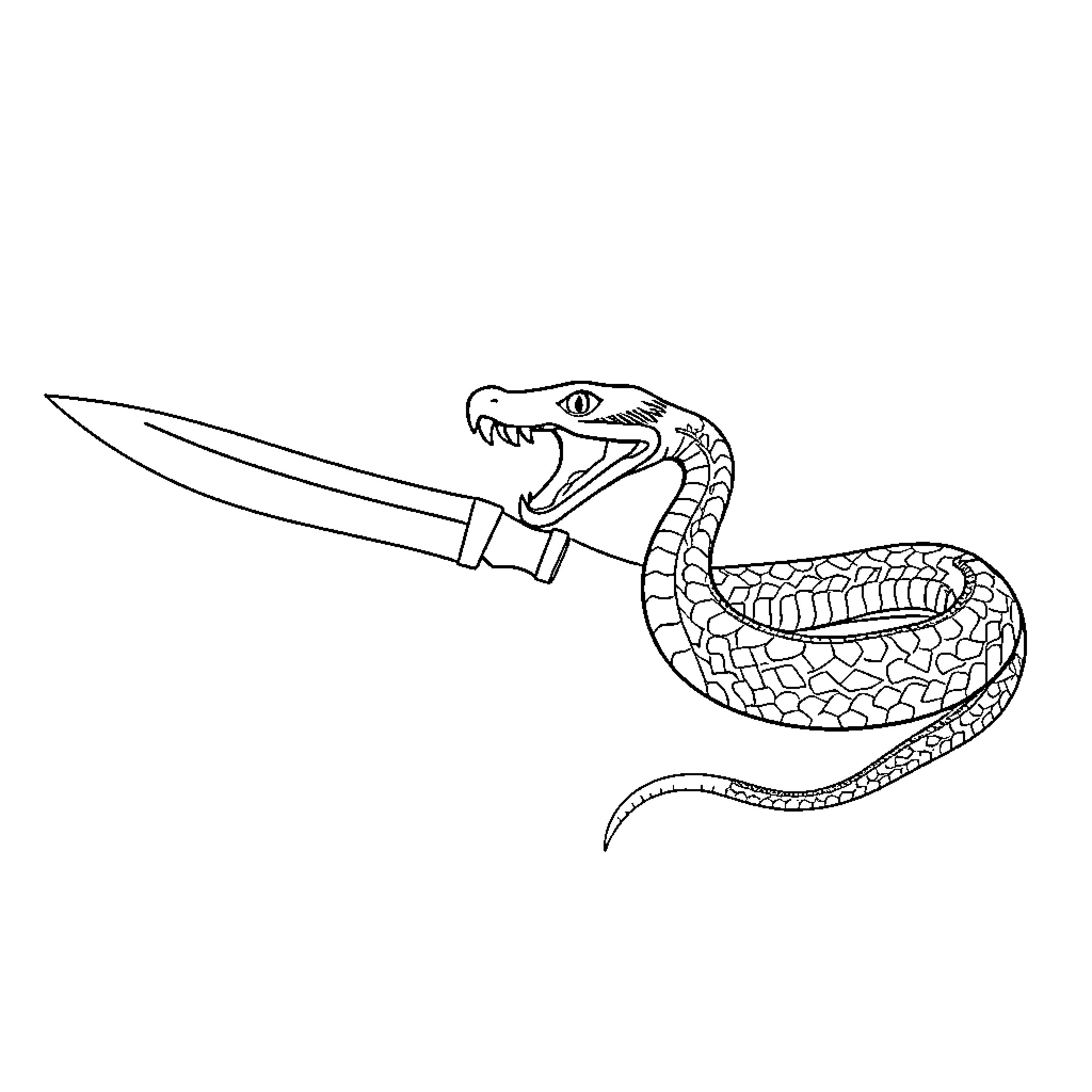 Knife and Snake in Confrontational Pose Coloring Page (free black-and-white line drawing printable PDF for all, from beginners to advanced learners, including children, teens, adults, and seniors)