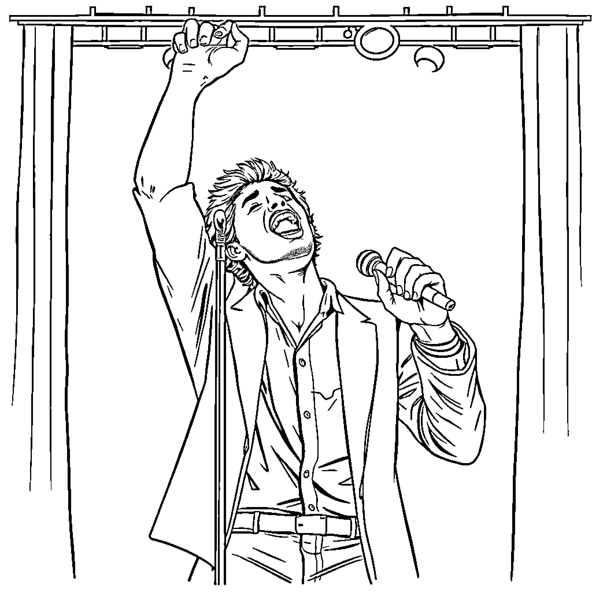 Joyful Performer on Stage Coloring Page (free black-and-white line drawing printable PDF for all, from beginners to advanced learners, including children, teens, adults, and seniors)