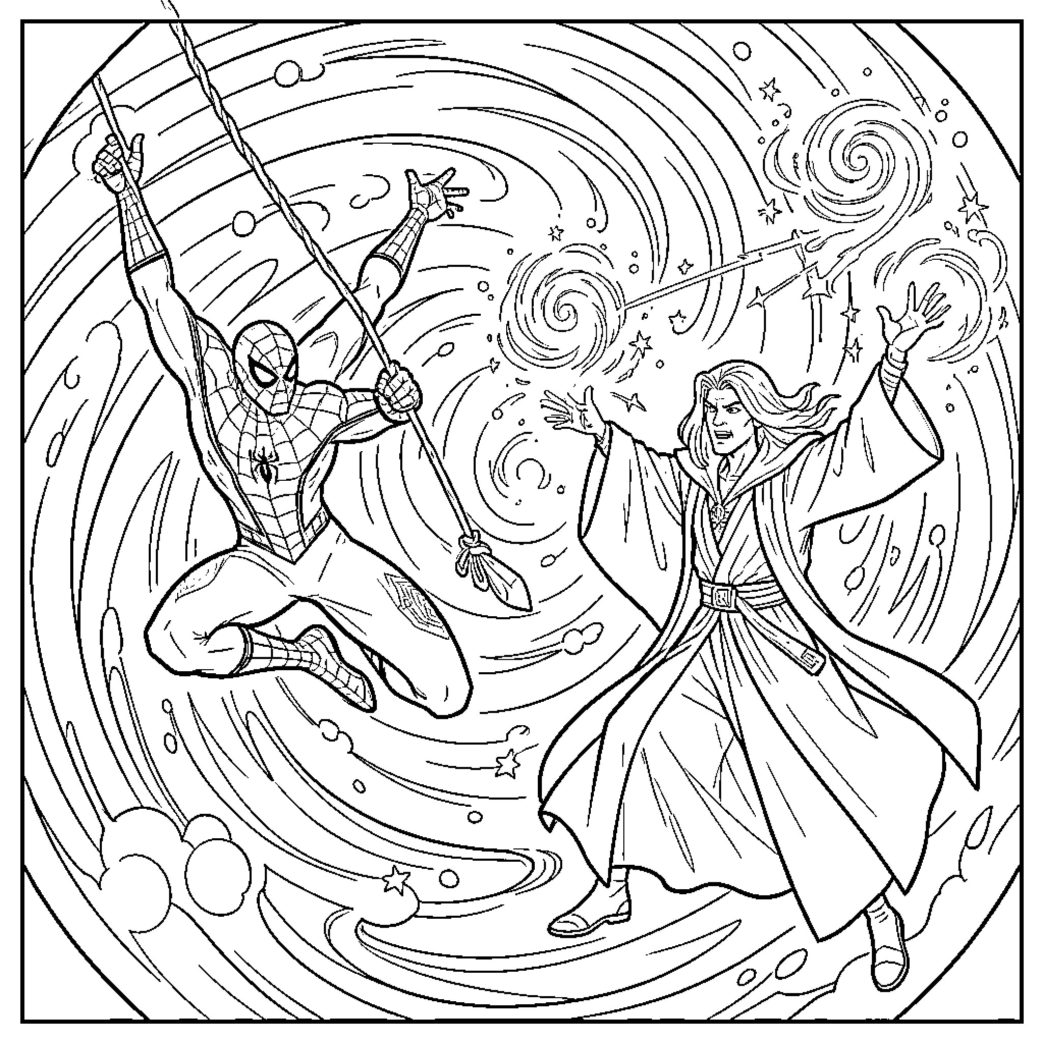 Spiderman swinging through a magical cosmic scene Coloring Page (free black-and-white line drawing printable PDF for all, from beginners to advanced learners, including children, teens, adults, and seniors)