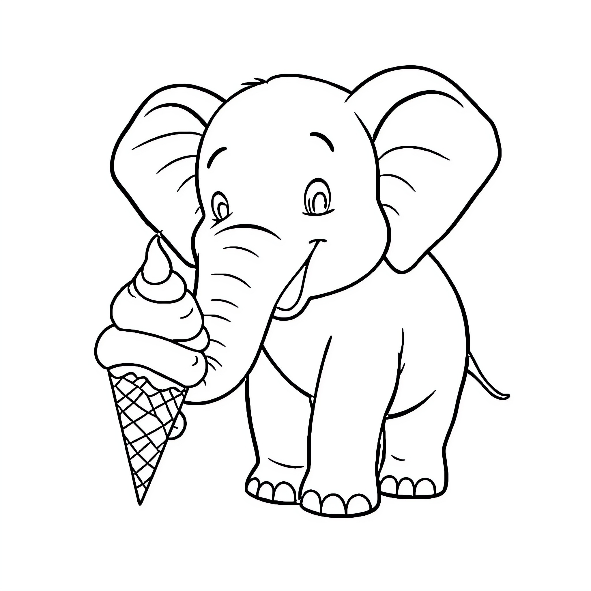 Elephant enjoying an ice cream cone Coloring Page (free black-and-white line drawing printable PDF for all, from beginners to advanced learners, including children, teens, adults, and seniors)