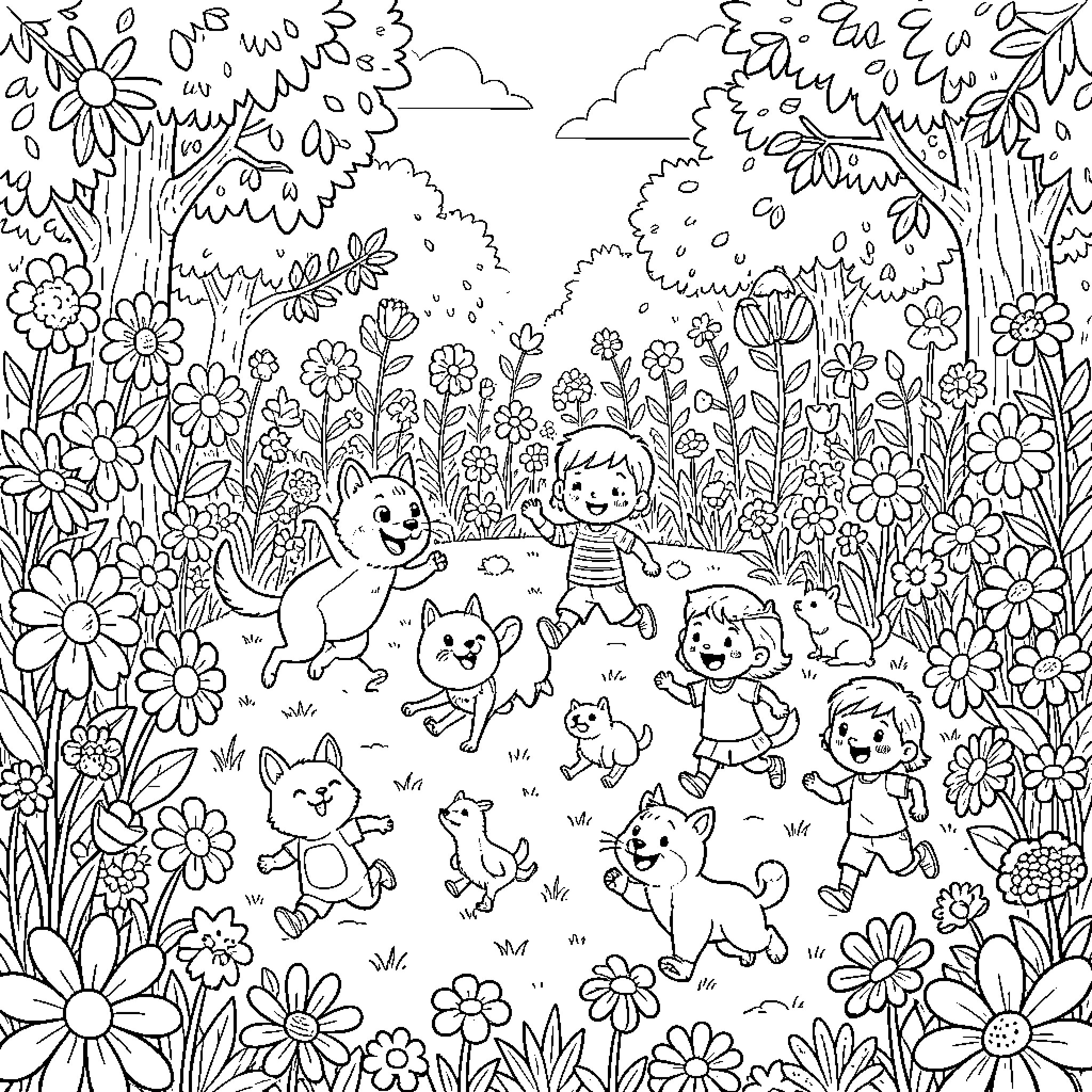 Garden with children and playful animals Coloring Page (free black-and-white line drawing printable PDF for all, from beginners to advanced learners, including children, teens, adults, and seniors)