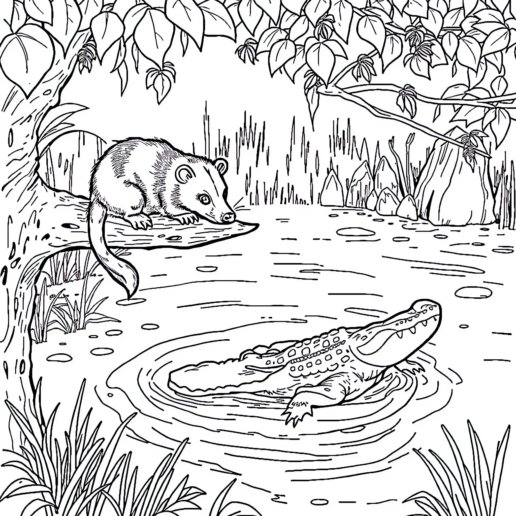 Opossum and Alligator in Swampy Wetlands Coloring Page (free black-and-white line drawing printable PDF for all, from beginners to advanced learners, including children, teens, adults, and seniors)