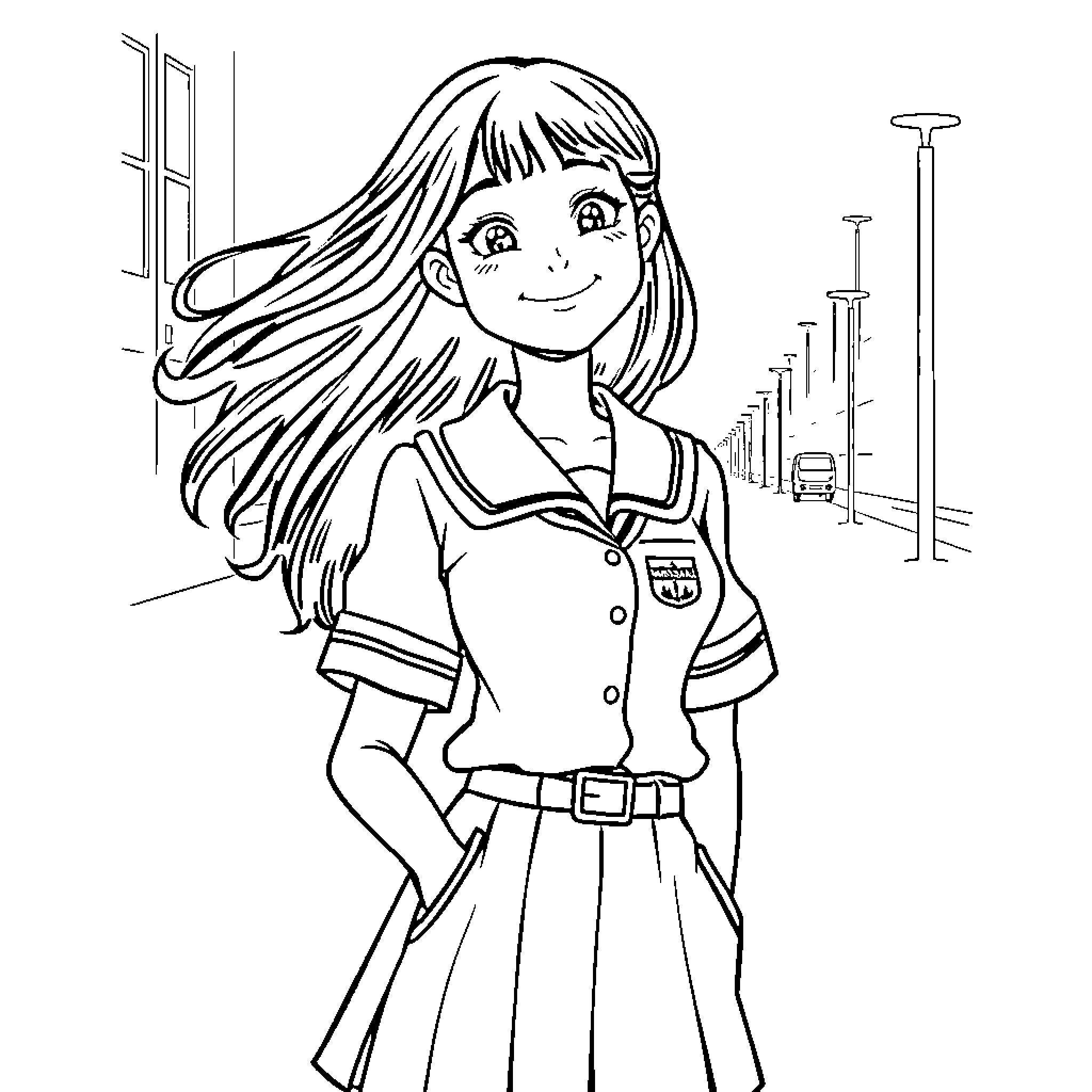 May a cheerful girl explore the city Coloring Page (free black-and-white line drawing printable PDF for all, from beginners to advanced learners, including children, teens, adults, and seniors)