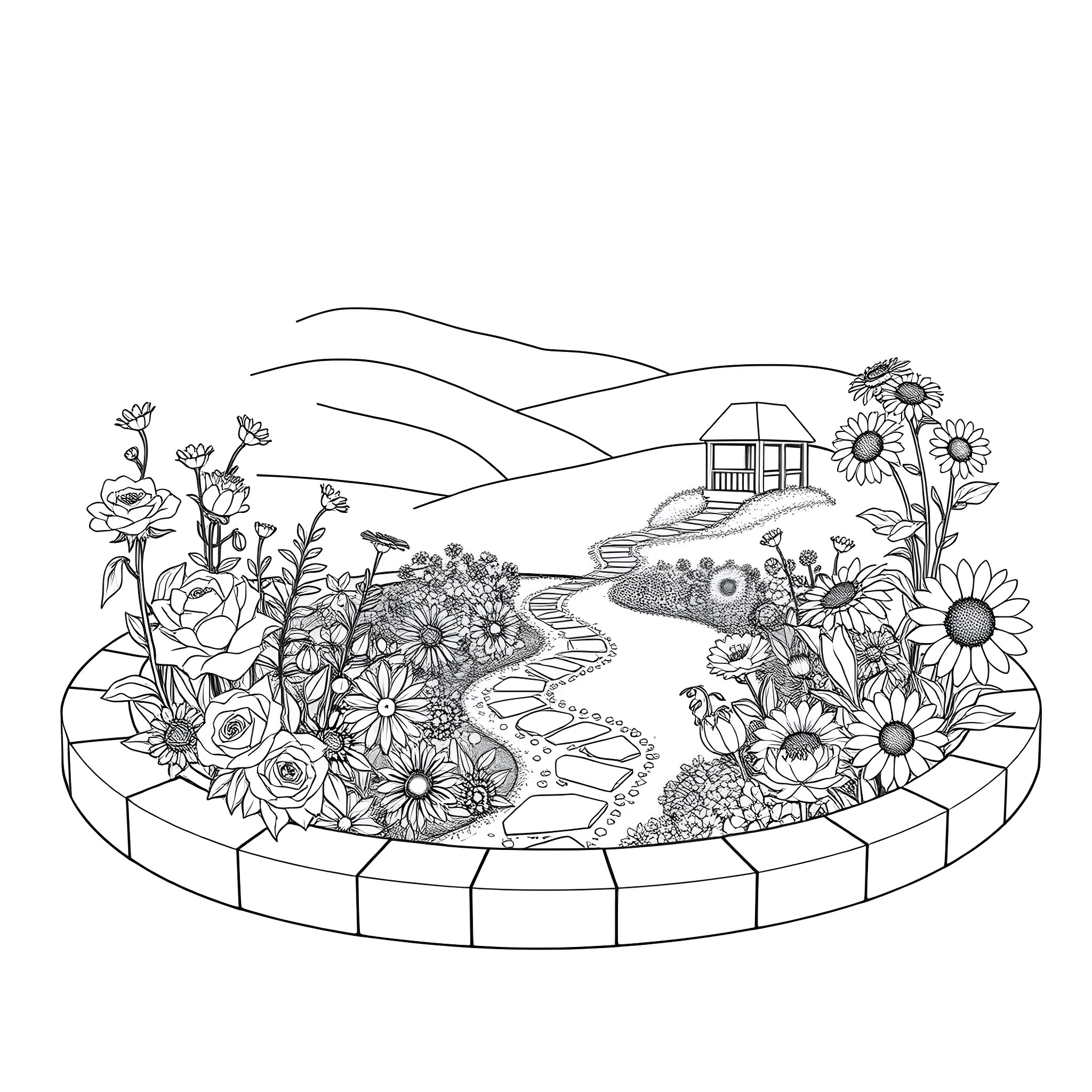 Flower Garden with Whimsical Cottage Scene Coloring Page (free black-and-white line drawing printable PDF for all, from beginners to advanced learners, including children, teens, adults, and seniors)