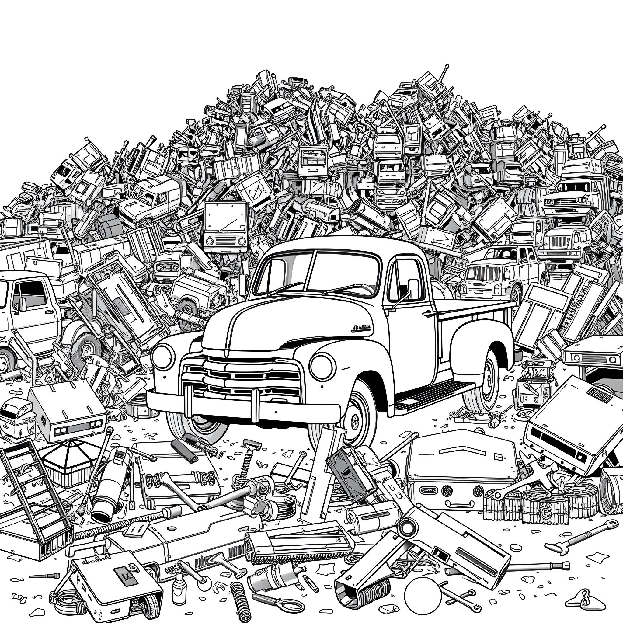 Pick Up Truck Surrounded by Piles of Discarded Electronics Coloring Page (free black-and-white line drawing printable PDF for all, from beginners to advanced learners, including children, teens, adults, and seniors)