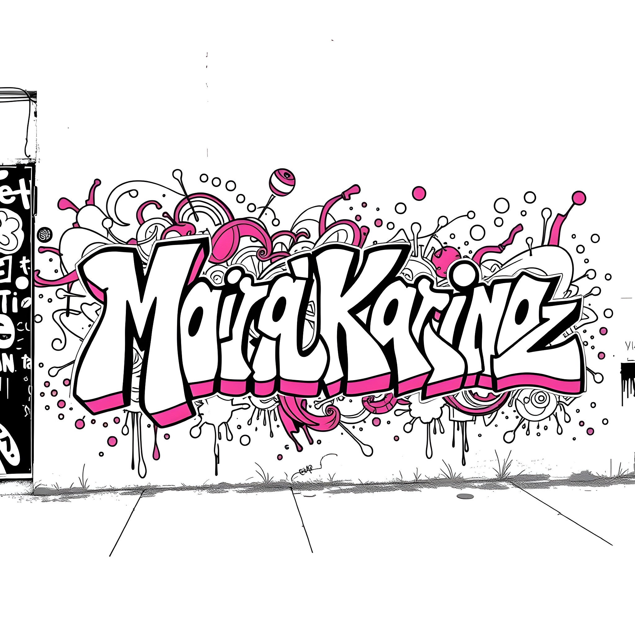 Name Graffiti art with vibrant splashes Coloring Page (free black-and-white line drawing printable PDF for all, from beginners to advanced learners, including children, teens, adults, and seniors)