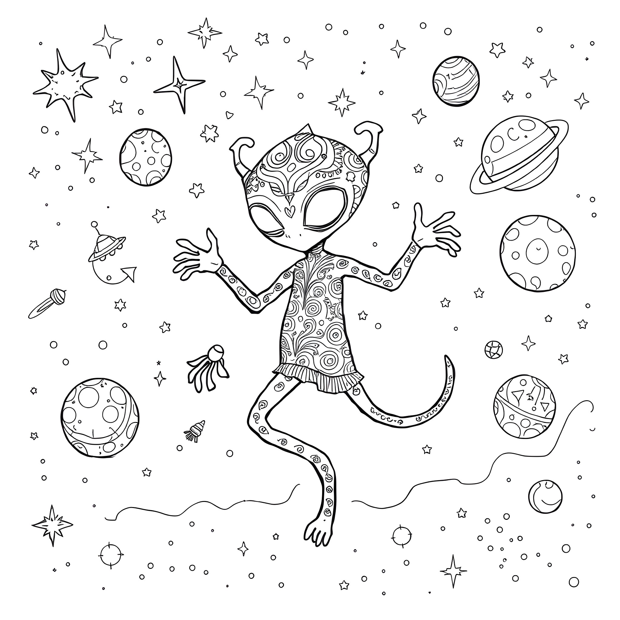 Alien dancing and celebrating among the stars Coloring Page (free black-and-white line drawing printable PDF for all, from beginners to advanced learners, including children, teens, adults, and seniors)