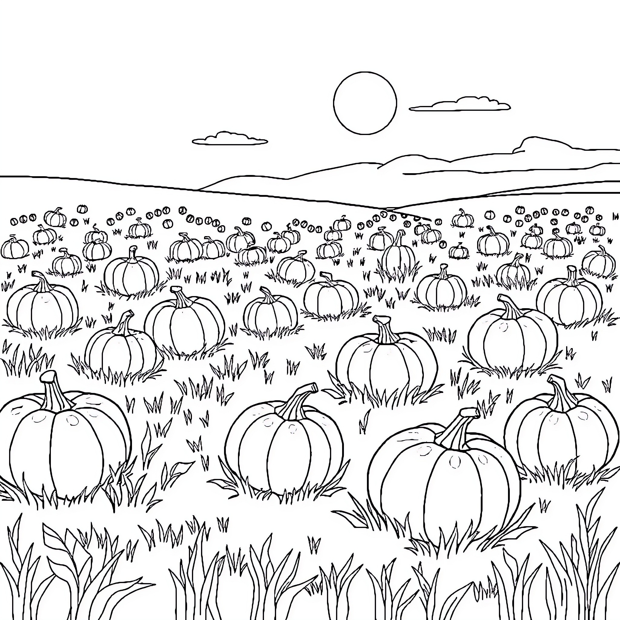 Pumpkin patch with many pumpkins in the field Coloring Page (free black-and-white line drawing printable PDF for all, from beginners to advanced learners, including children, teens, adults, and seniors)