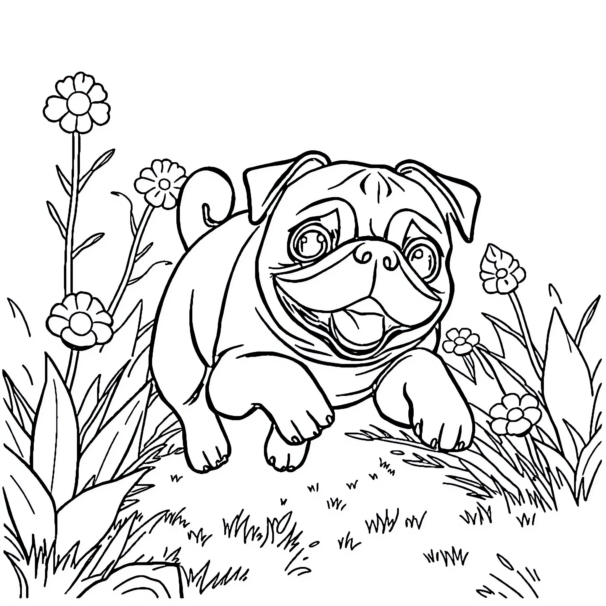 Pug frolicking in a flower garden Coloring Page (free black-and-white line drawing printable PDF for all, from beginners to advanced learners, including children, teens, adults, and seniors)