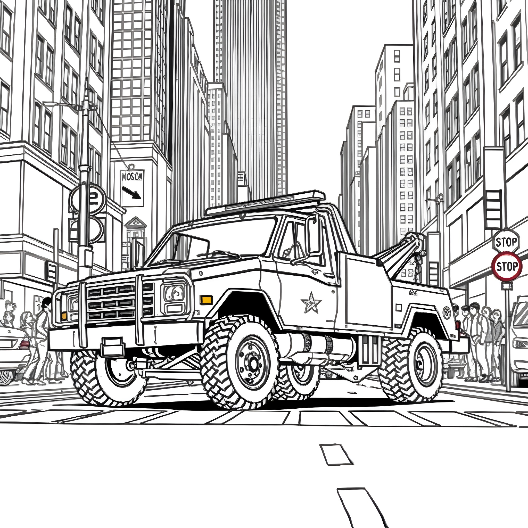 Wrecker Truck Towing Damaged Vehicle in Busy City Coloring Page (free black-and-white line drawing printable PDF for all, from beginners to advanced learners, including children, teens, adults, and seniors)