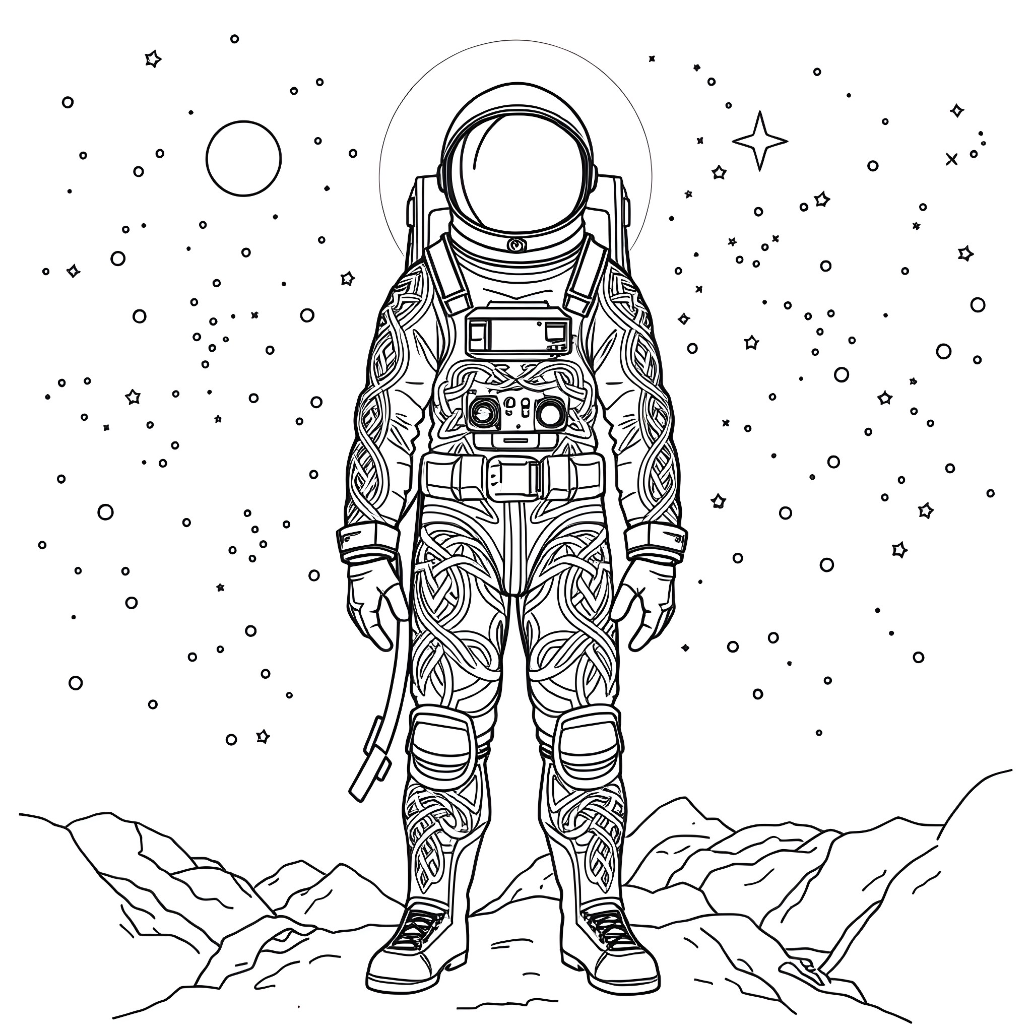 Spaceman exploring the vast cosmic landscape Coloring Page (free black-and-white line drawing printable PDF for all, from beginners to advanced learners, including children, teens, adults, and seniors)
