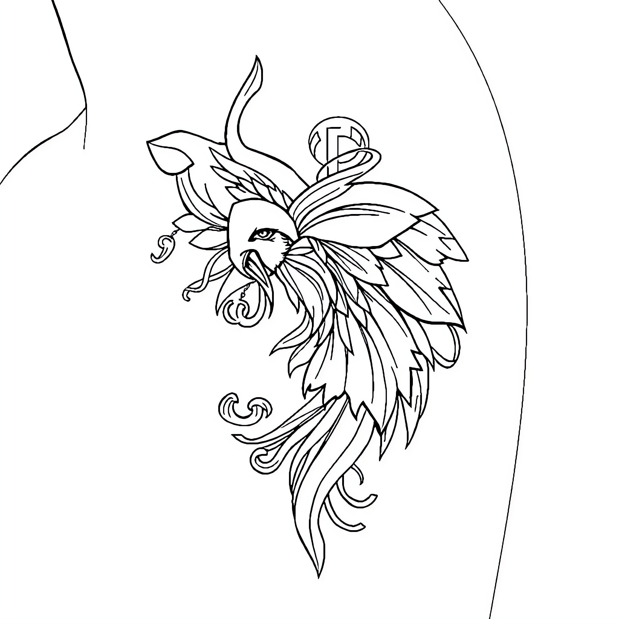 Tattoo of a majestic phoenix-like bird Coloring Page (free black-and-white line drawing printable PDF for all, from beginners to advanced learners, including children, teens, adults, and seniors)