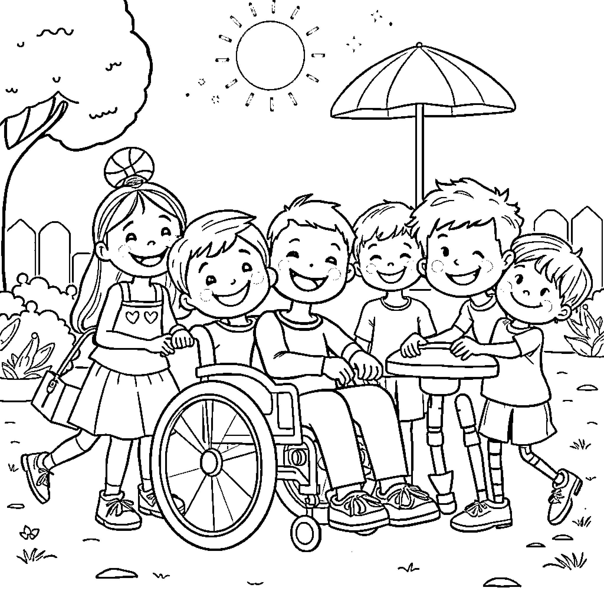 Child friends playing together outdoors Coloring Page (free black-and-white line drawing printable PDF for all, from beginners to advanced learners, including children, teens, adults, and seniors)