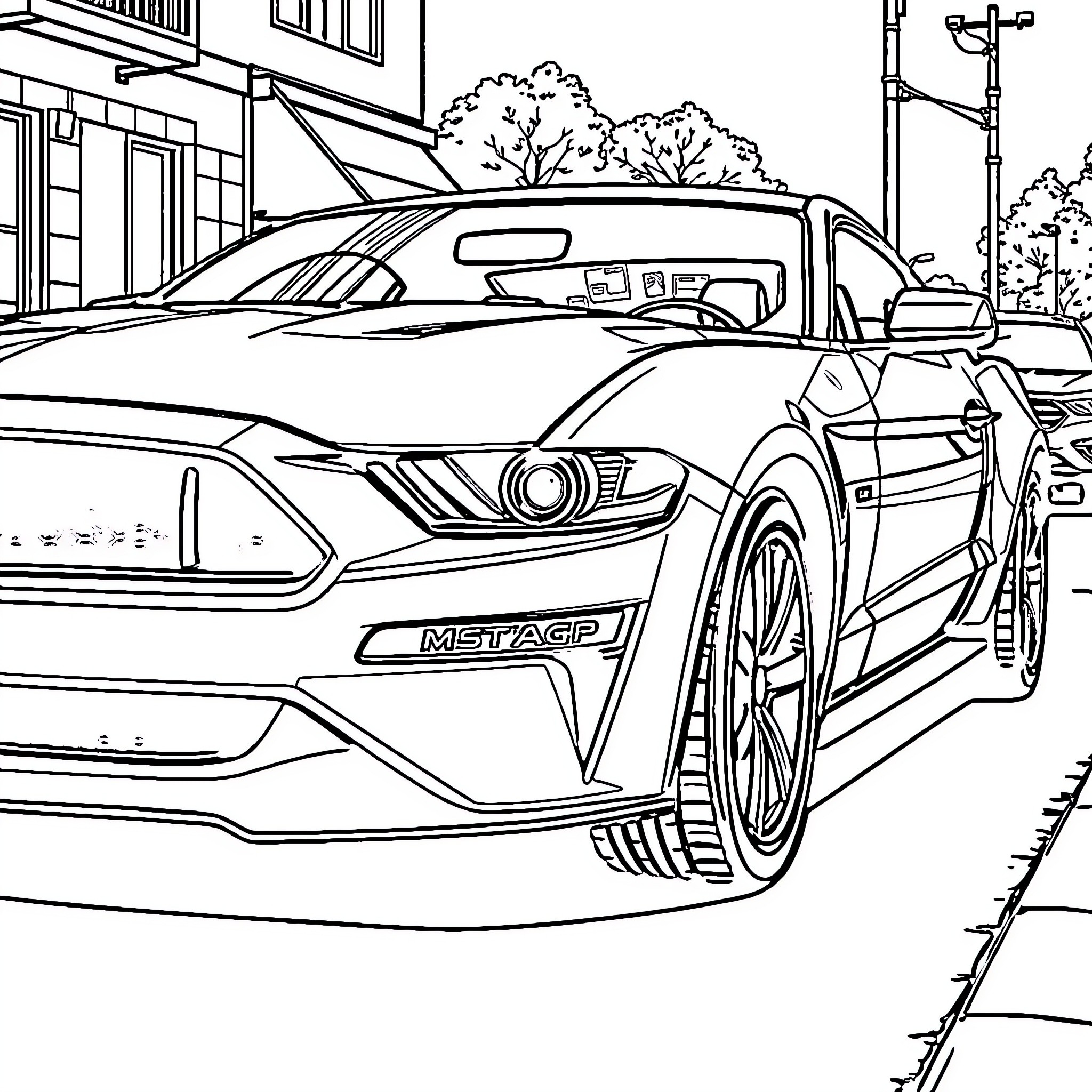 Mustang parked in the city street Coloring Page (free black-and-white line drawing printable PDF for all, from beginners to advanced learners, including children, teens, adults, and seniors)