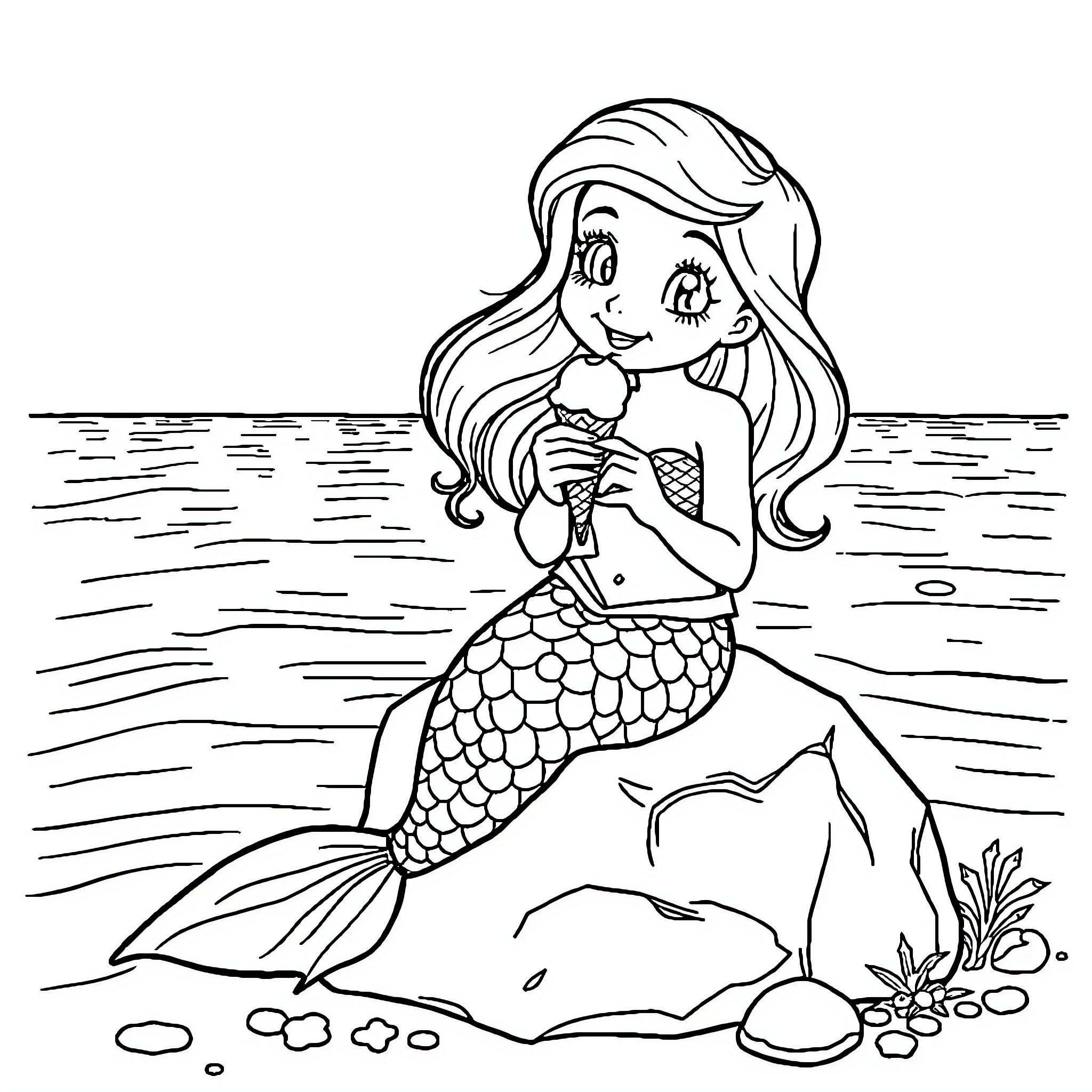 Mermaid relaxing on the seashore Coloring Page (free black-and-white line drawing printable PDF for all, from beginners to advanced learners, including children, teens, adults, and seniors)