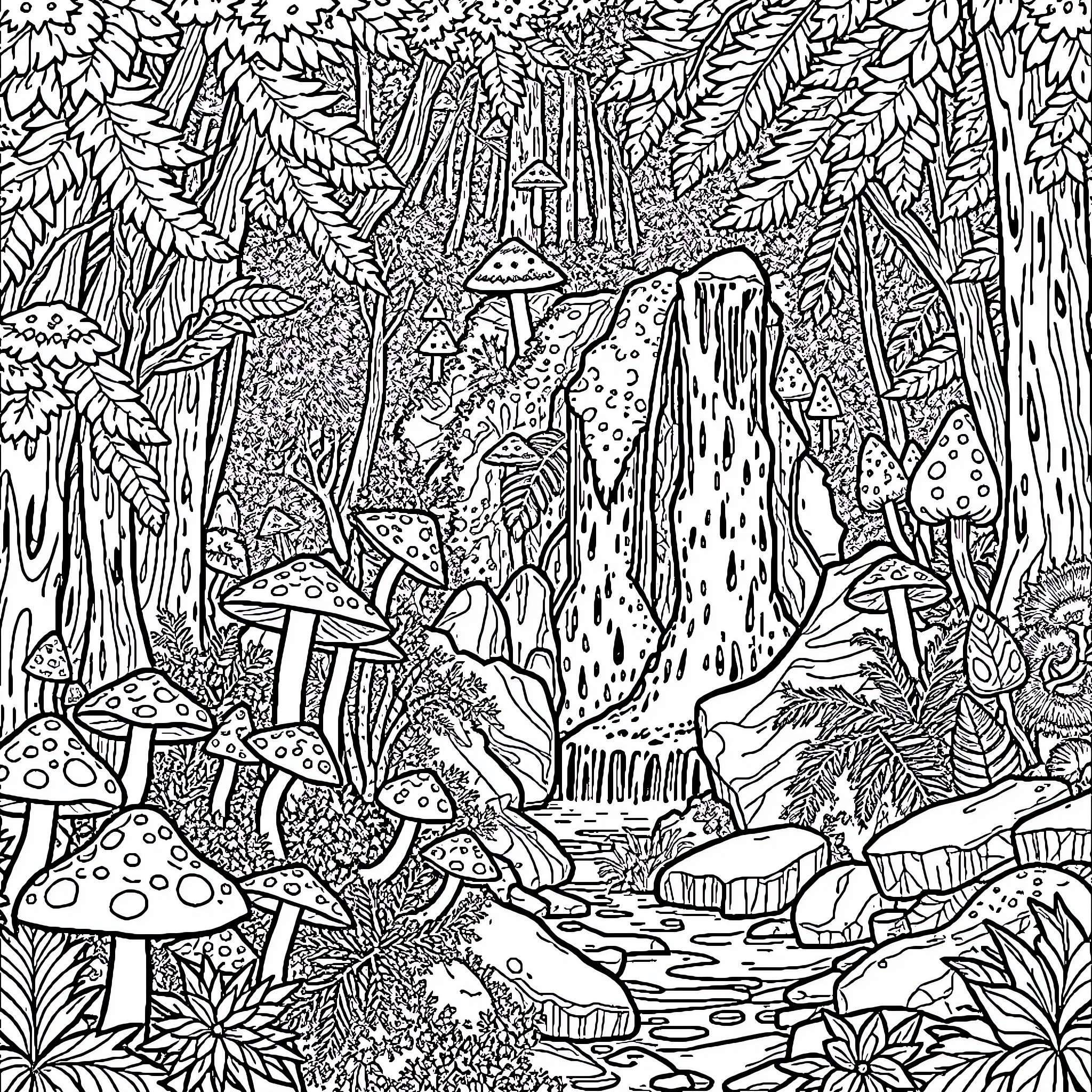 Forest of Fantastical Fungi and Foliage Coloring Page (free black-and-white line drawing printable PDF for all, from beginners to advanced learners, including children, teens, adults, and seniors)