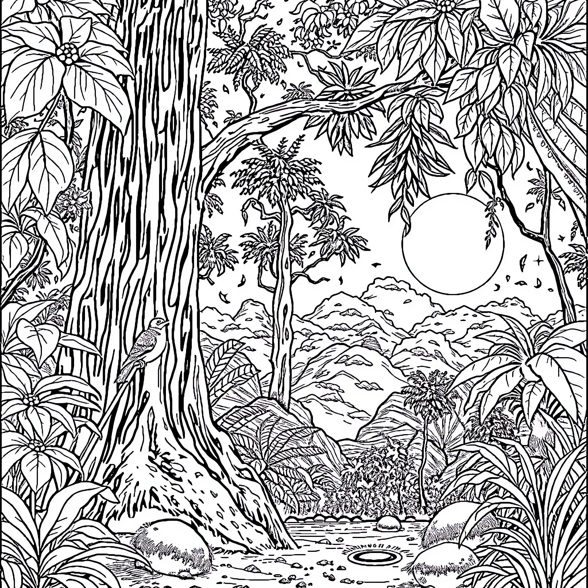 Rabbit exploring the lush tropical jungle Coloring Page (free black-and-white line drawing printable PDF for all, from beginners to advanced learners, including children, teens, adults, and seniors)