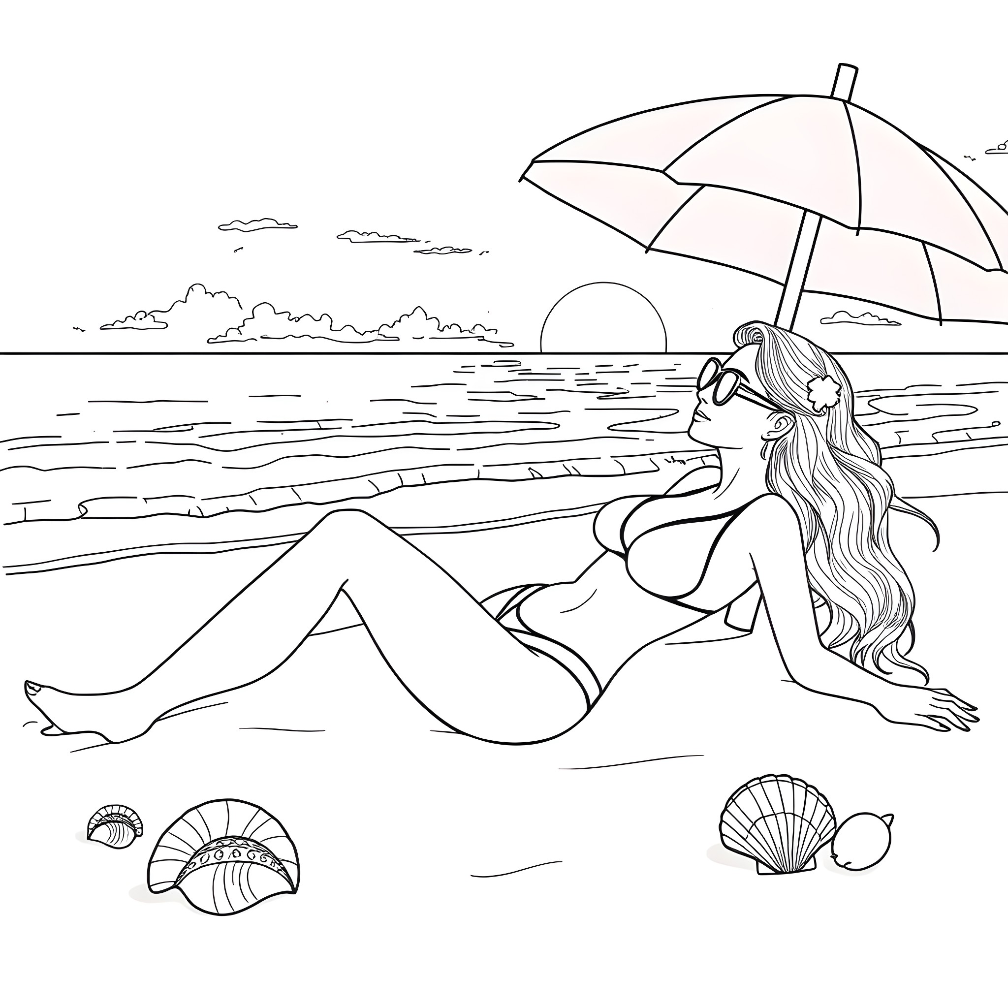 Woman relaxing on the beach under an umbrella Coloring Page (free black-and-white line drawing printable PDF for all, from beginners to advanced learners, including children, teens, adults, and seniors)