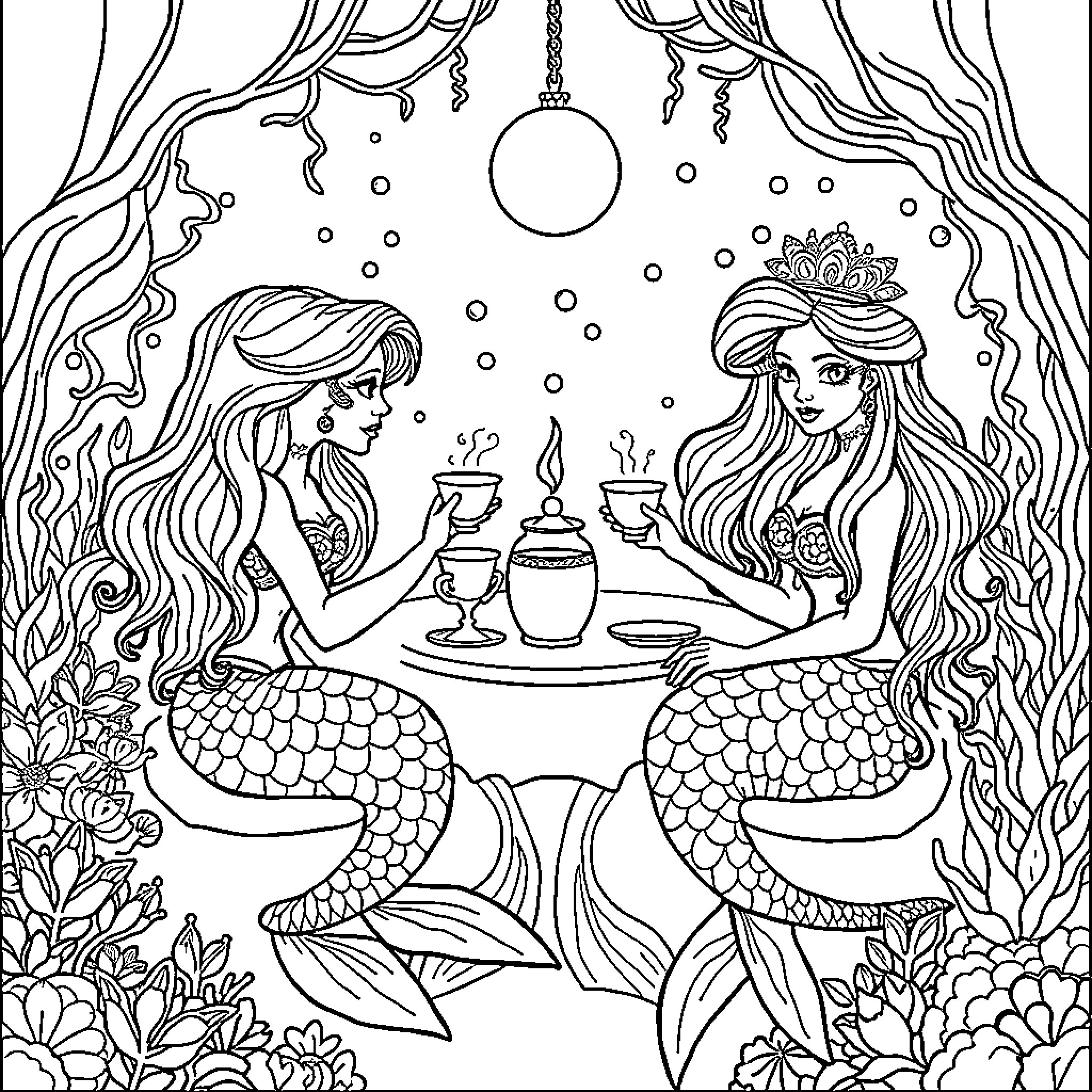 Mermaid Friends Sharing a Magical Underwater Tea Coloring Page (free black-and-white line drawing printable PDF for all, from beginners to advanced learners, including children, teens, adults, and seniors)