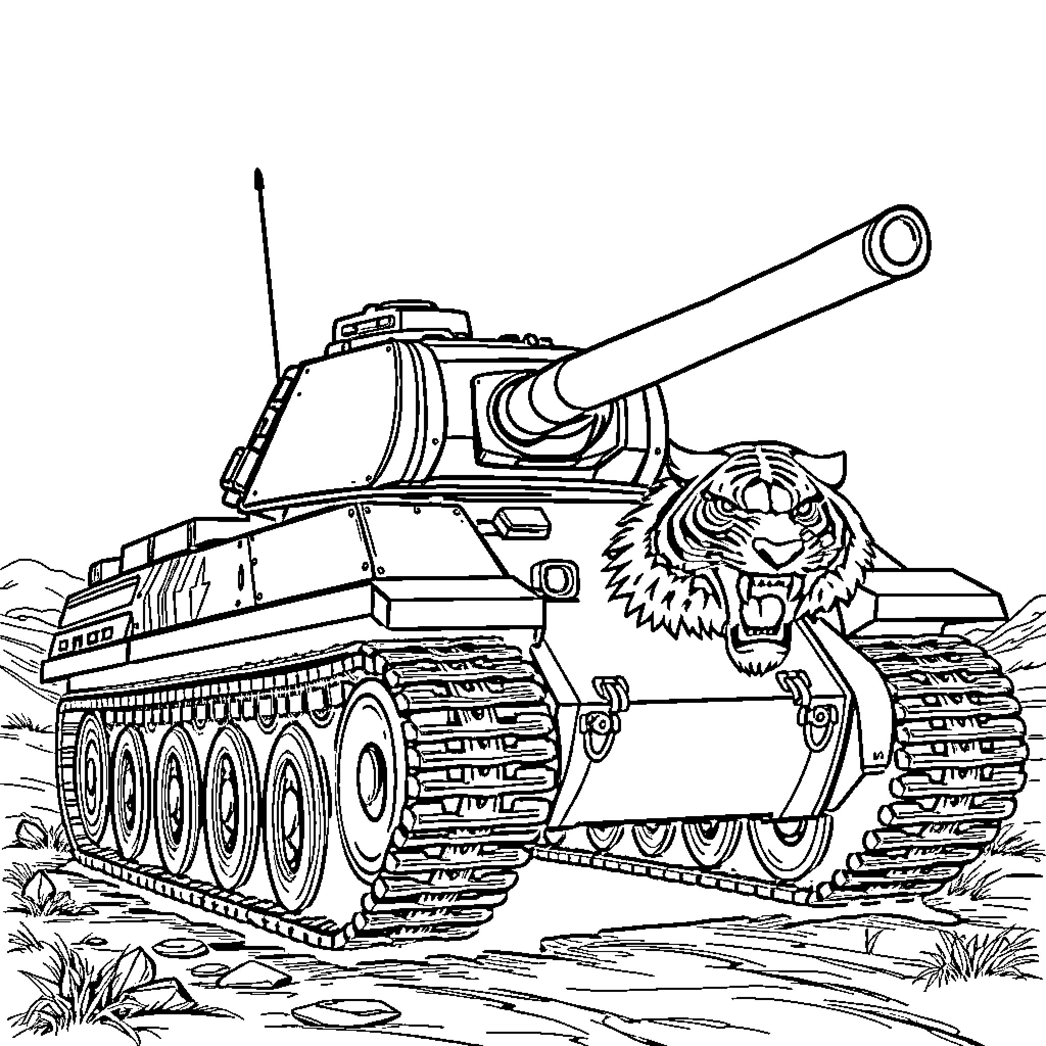 Tiger tank advancing through the battlefield Coloring Page (free black-and-white line drawing printable PDF for all, from beginners to advanced learners, including children, teens, adults, and seniors)