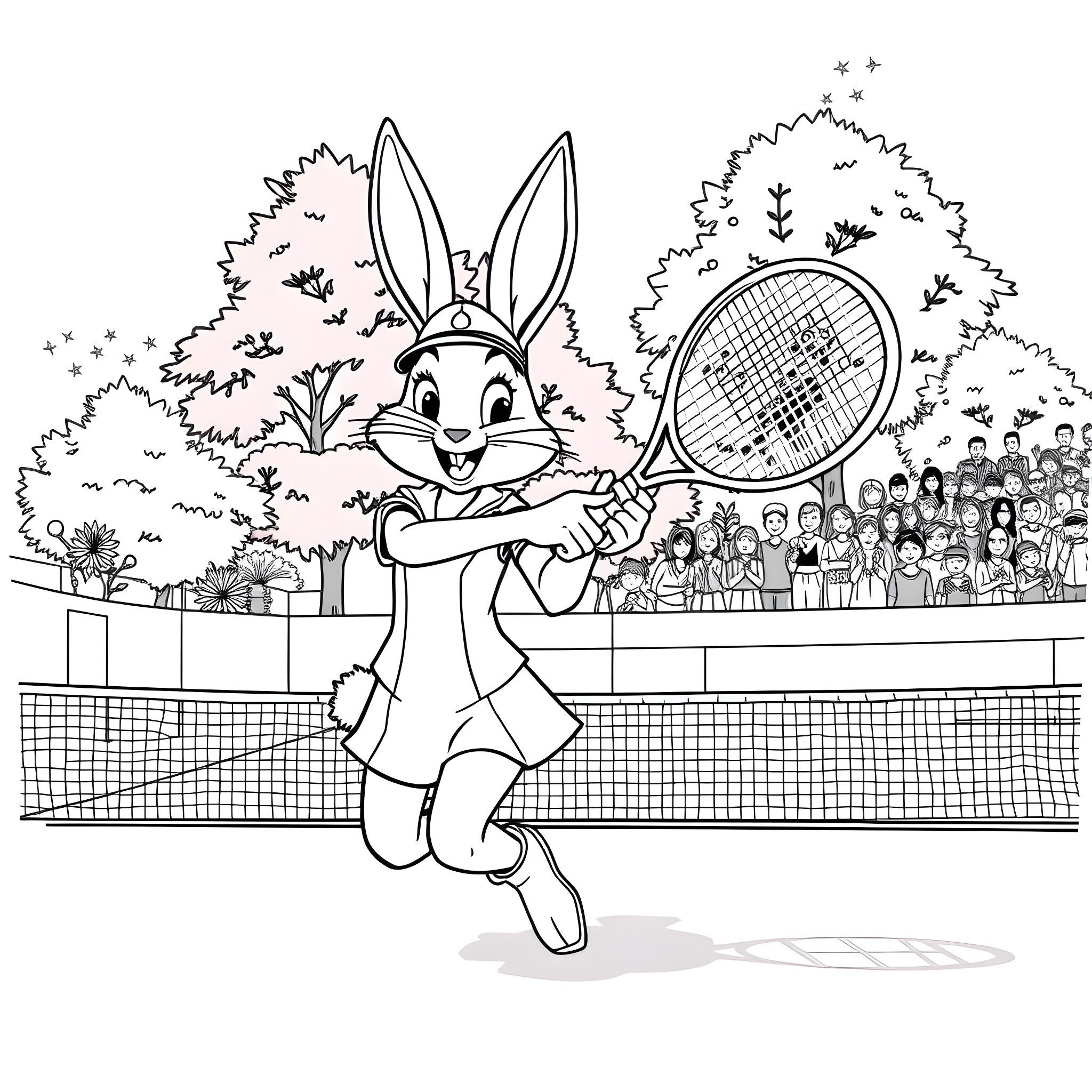 Judy Hopps playing tennis on the court Coloring Page (free black-and-white line drawing printable PDF for all, from beginners to advanced learners, including children, teens, adults, and seniors)