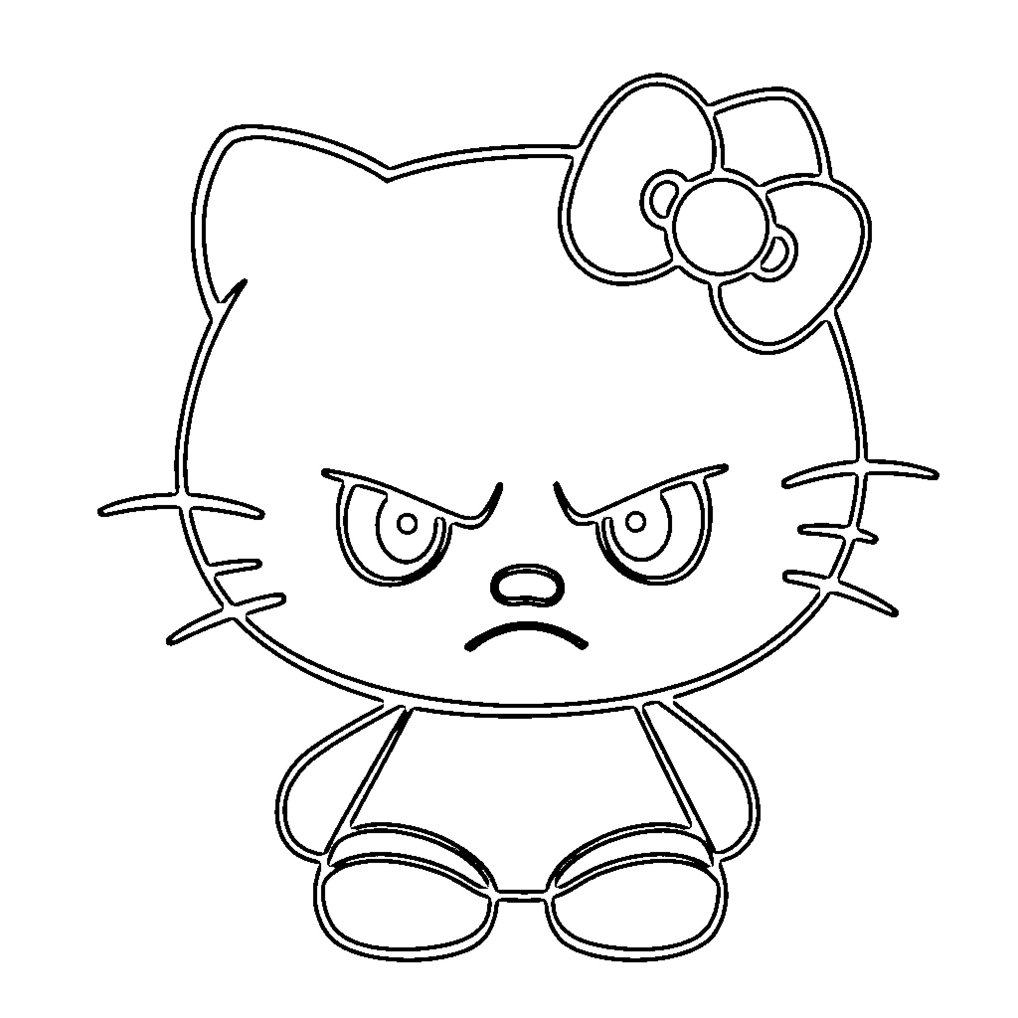 Hello Kitty looking grumpy and upset Coloring Page (free black-and-white line drawing printable PDF for all, from beginners to advanced learners, including children, teens, adults, and seniors)