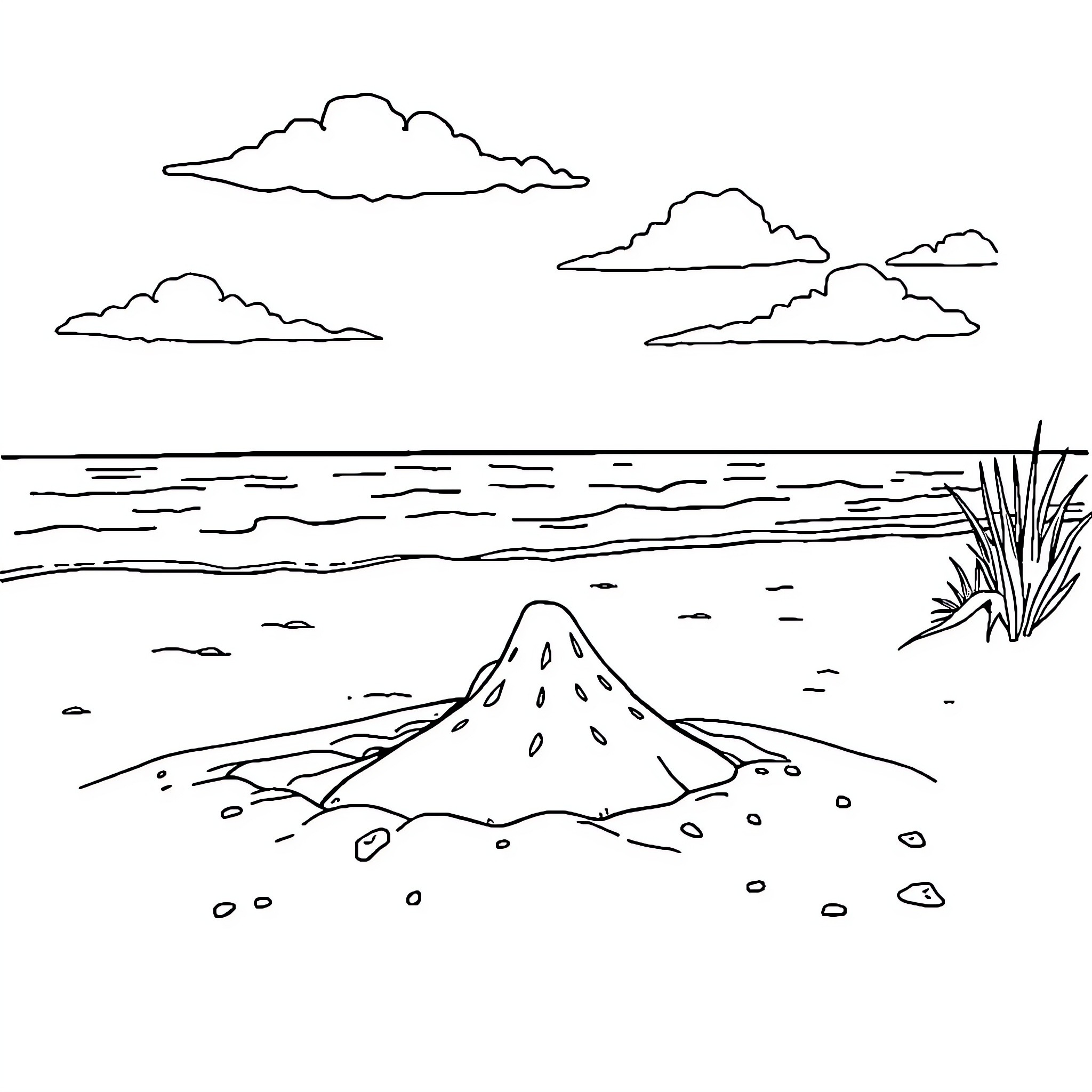 Beach scene with clouds and water Coloring Page (free black-and-white line drawing printable PDF for all, from beginners to advanced learners, including children, teens, adults, and seniors)