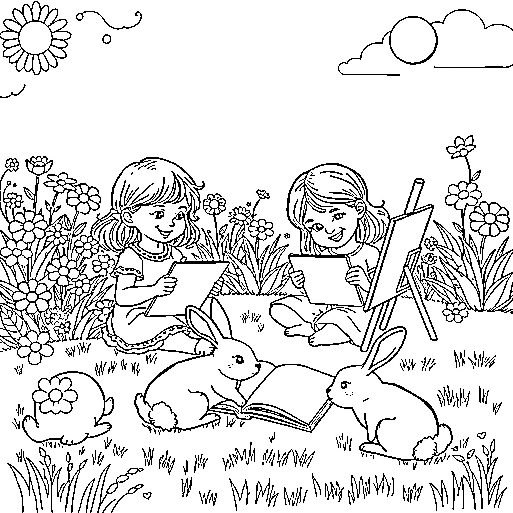 Sisters Enjoying Nature and Art in the Garden Coloring Page (free black-and-white line drawing printable PDF for all, from beginners to advanced learners, including children, teens, adults, and seniors)
