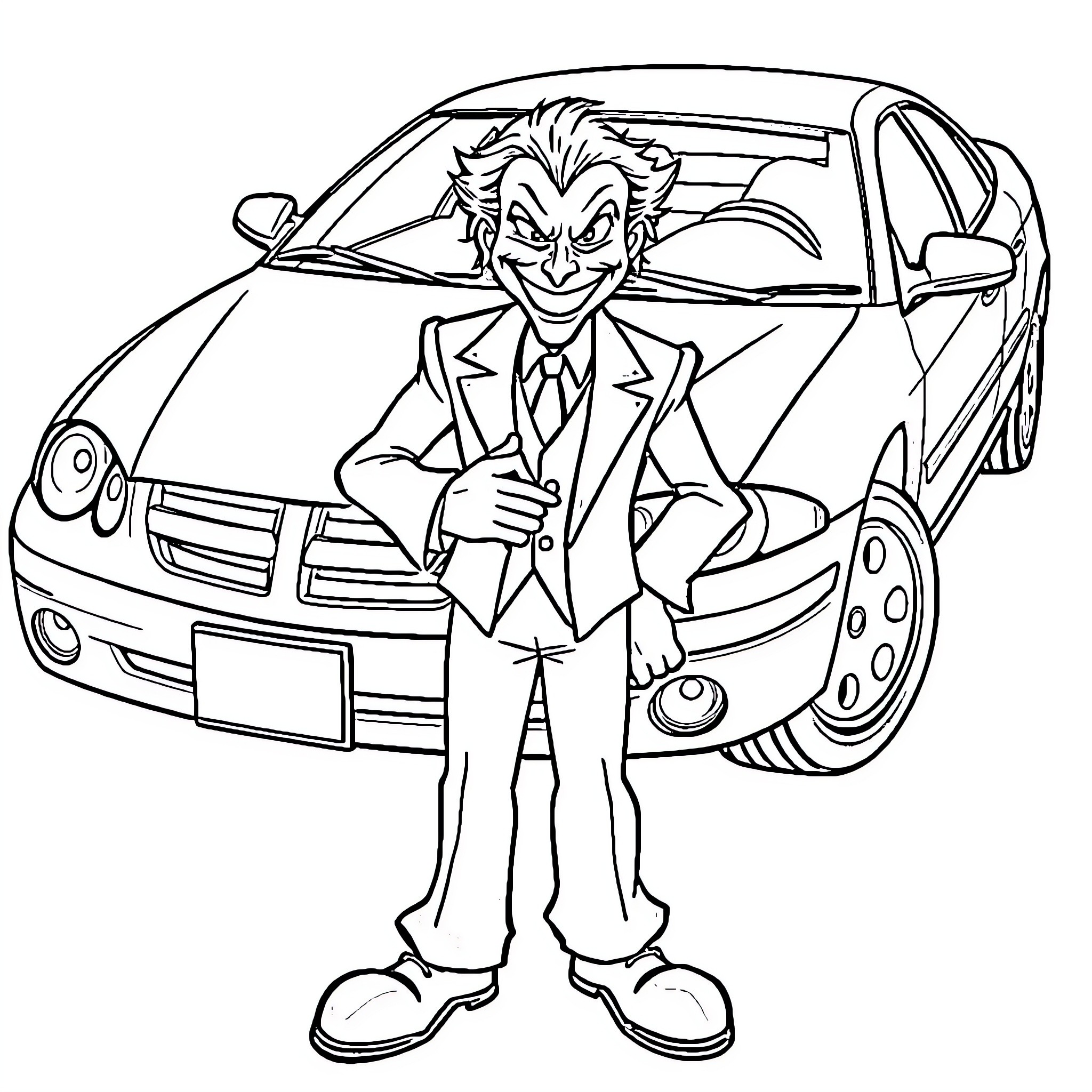 Joker posing playfully near a car Coloring Page (free black-and-white line drawing printable PDF for all, from beginners to advanced learners, including children, teens, adults, and seniors)