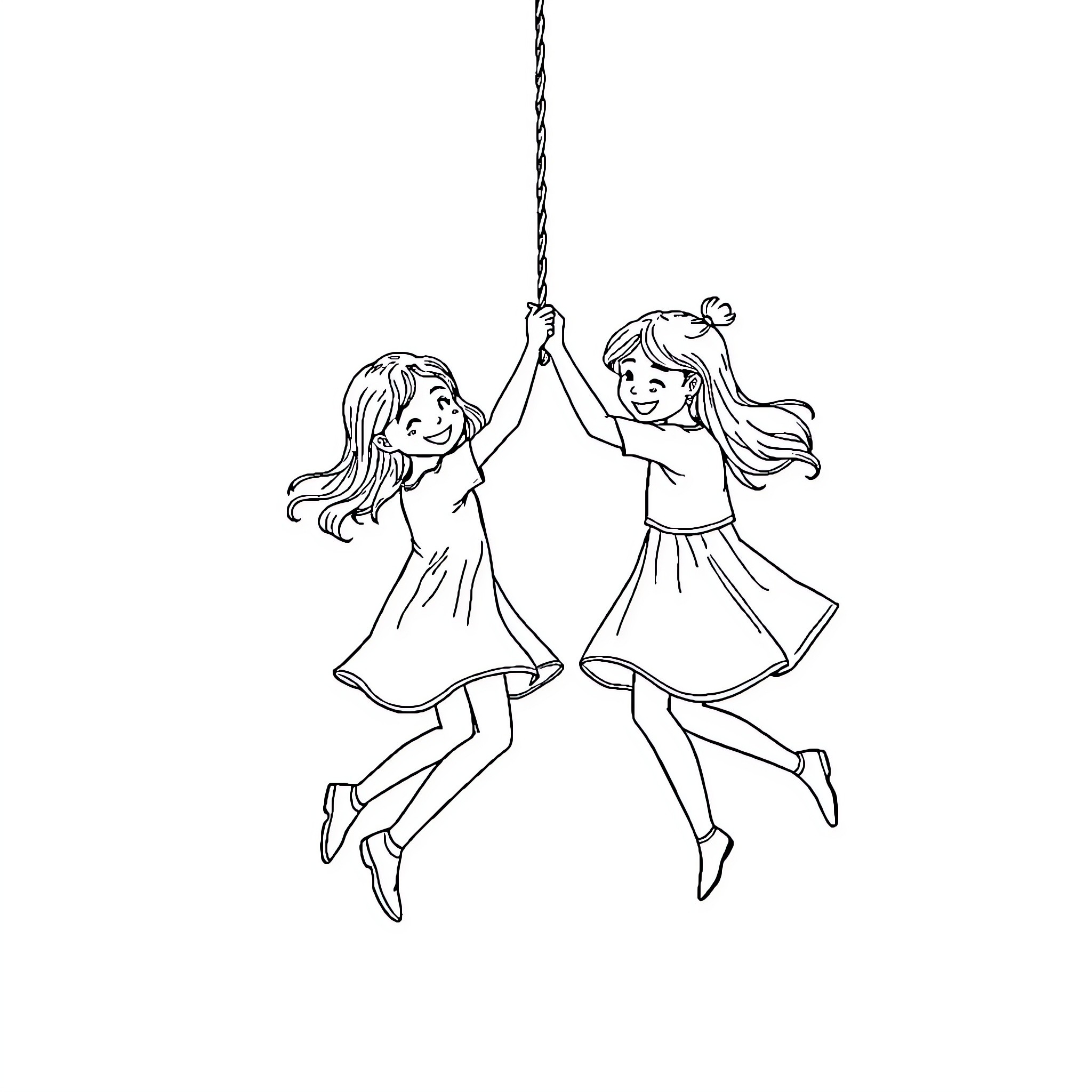 Girls playing and swinging together happily Coloring Page (free black-and-white line drawing printable PDF for all, from beginners to advanced learners, including children, teens, adults, and seniors)