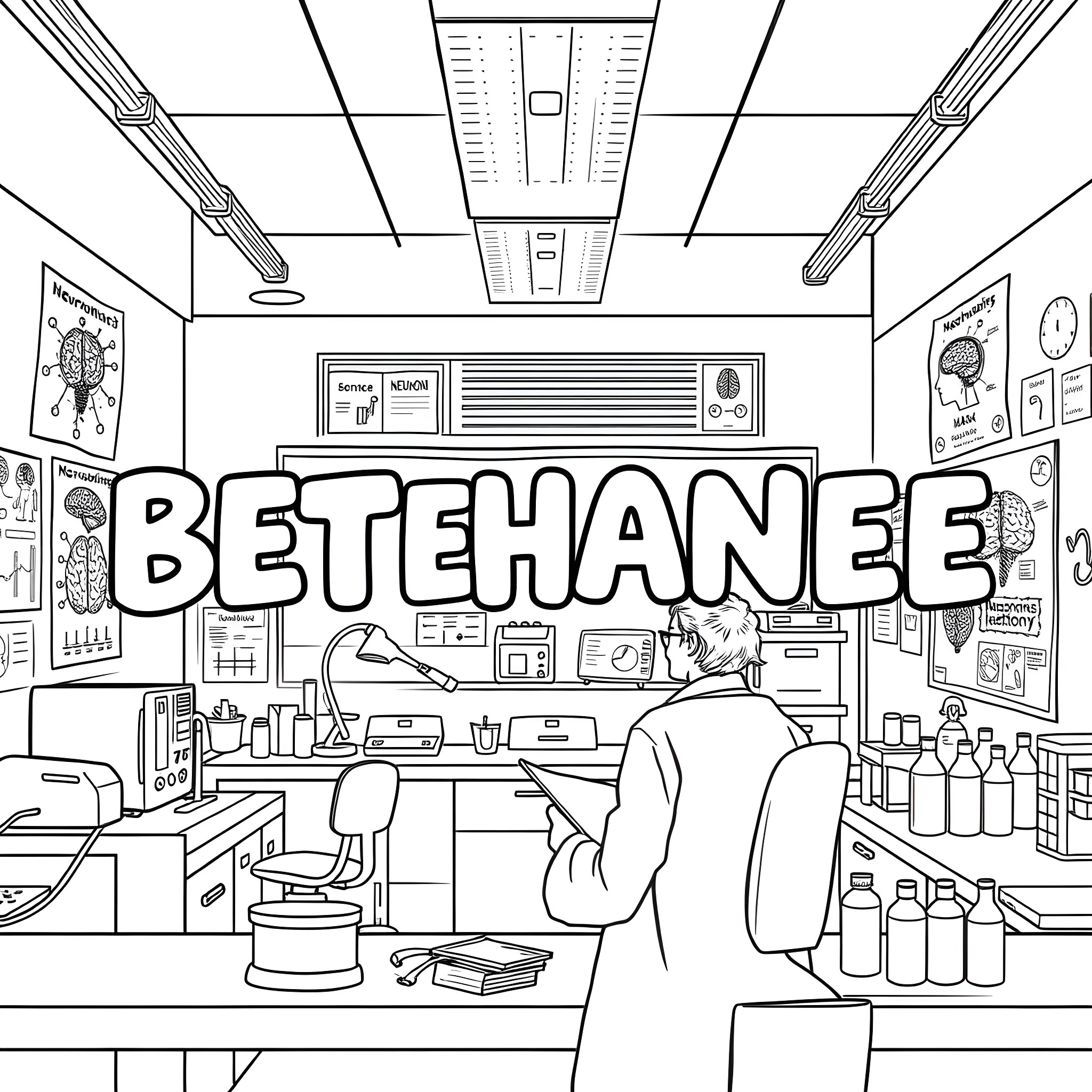 Bethanee's Busy Science Lab Coloring Page (free black-and-white line drawing printable PDF for all, from beginners to advanced learners, including children, teens, adults, and seniors)