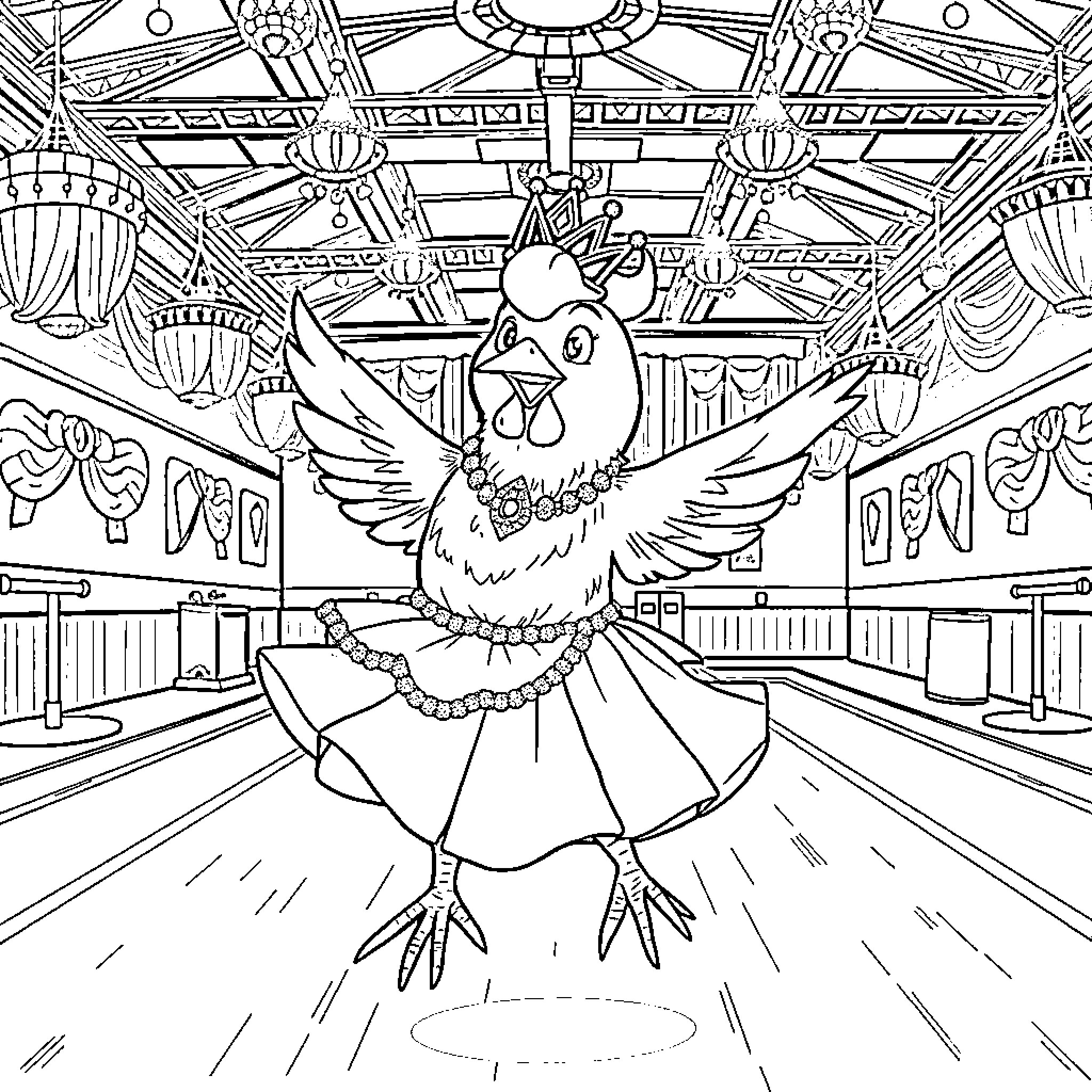 Chicken Performing on a Stage Coloring Page (free black-and-white line drawing printable PDF for all, from beginners to advanced learners, including children, teens, adults, and seniors)