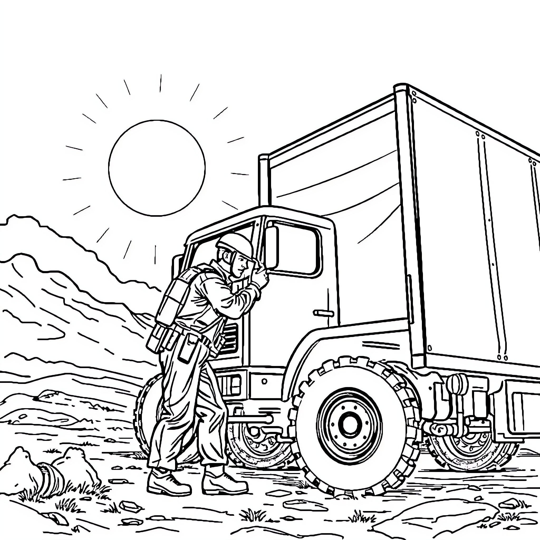 Soldier loading supplies onto military truck in the field Coloring Page (free black-and-white line drawing printable PDF for all, from beginners to advanced learners, including children, teens, adults, and seniors)