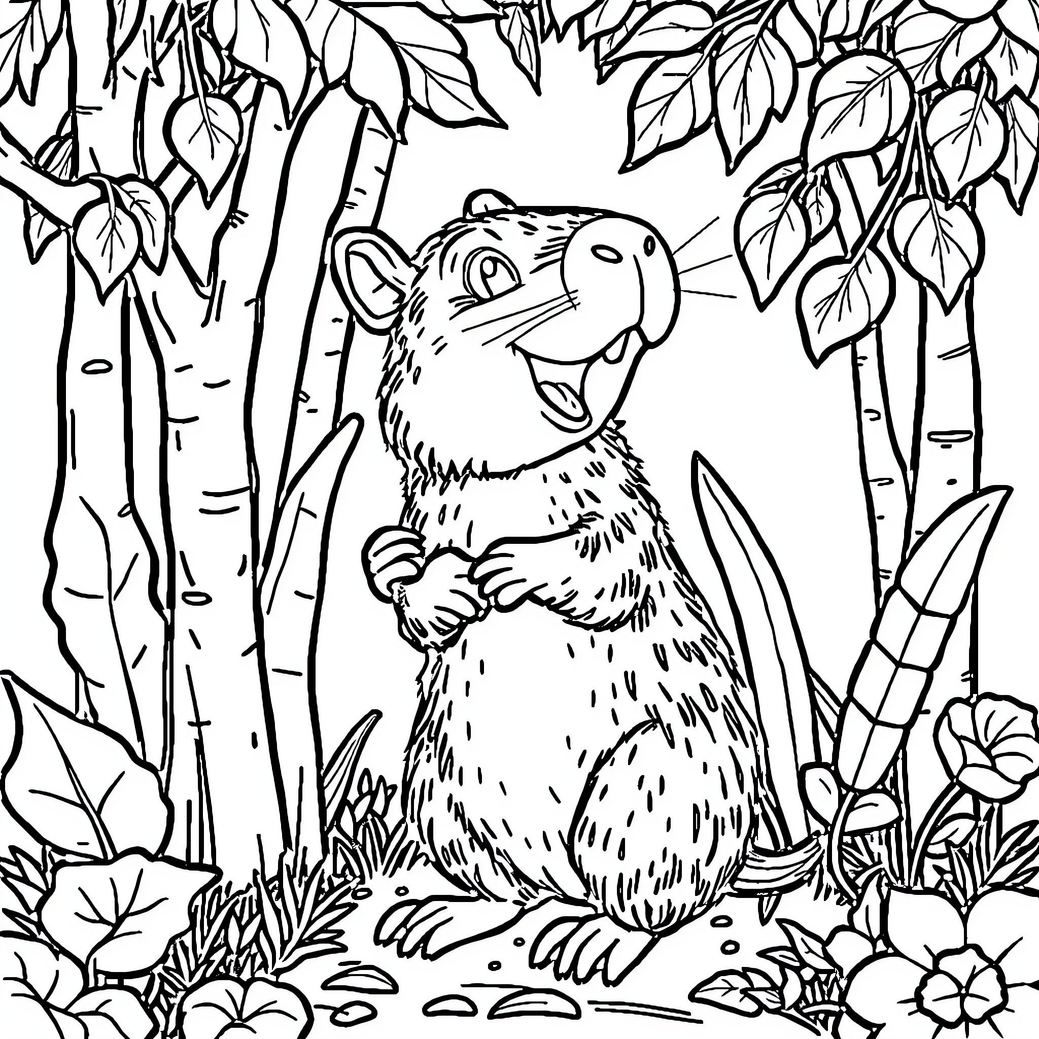 Capybara enjoying the forest scenery Coloring Page (free black-and-white line drawing printable PDF for all, from beginners to advanced learners, including children, teens, adults, and seniors)