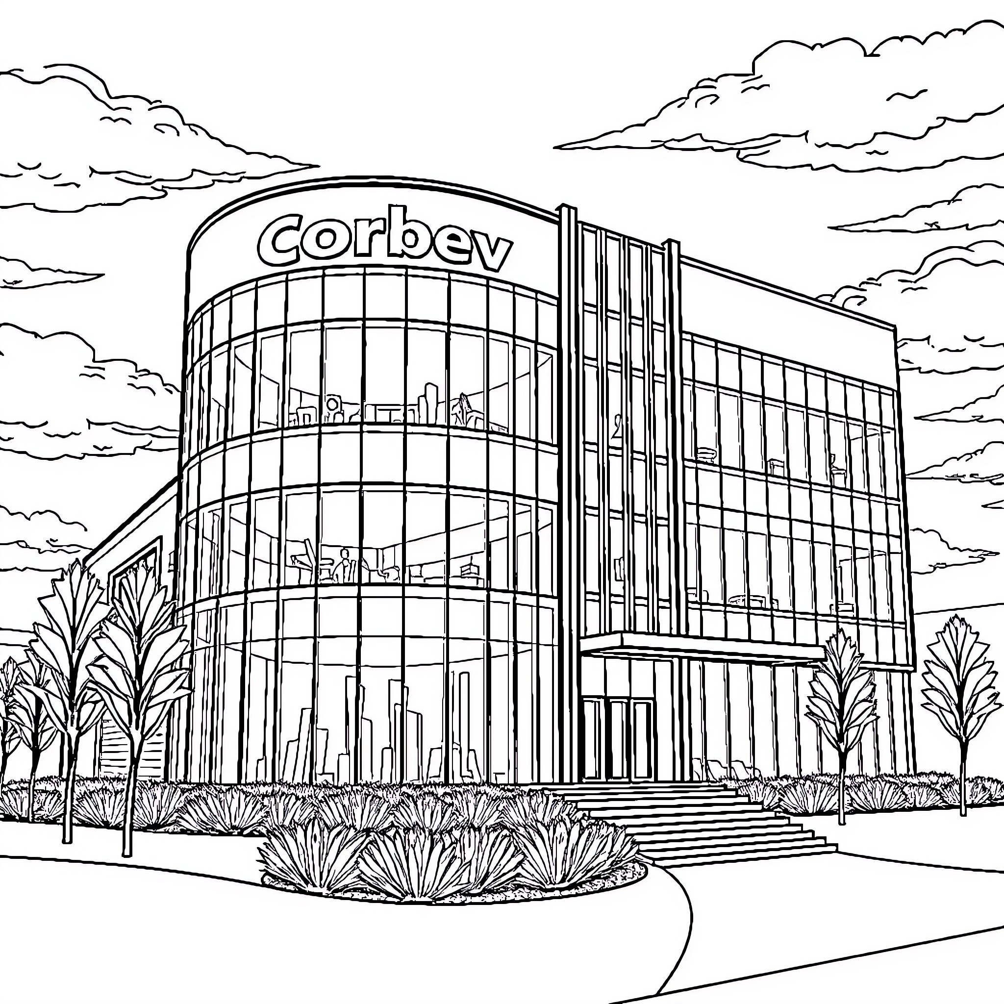 Corbev modern architectural marvel Coloring Page (free black-and-white line drawing printable PDF for all, from beginners to advanced learners, including children, teens, adults, and seniors)