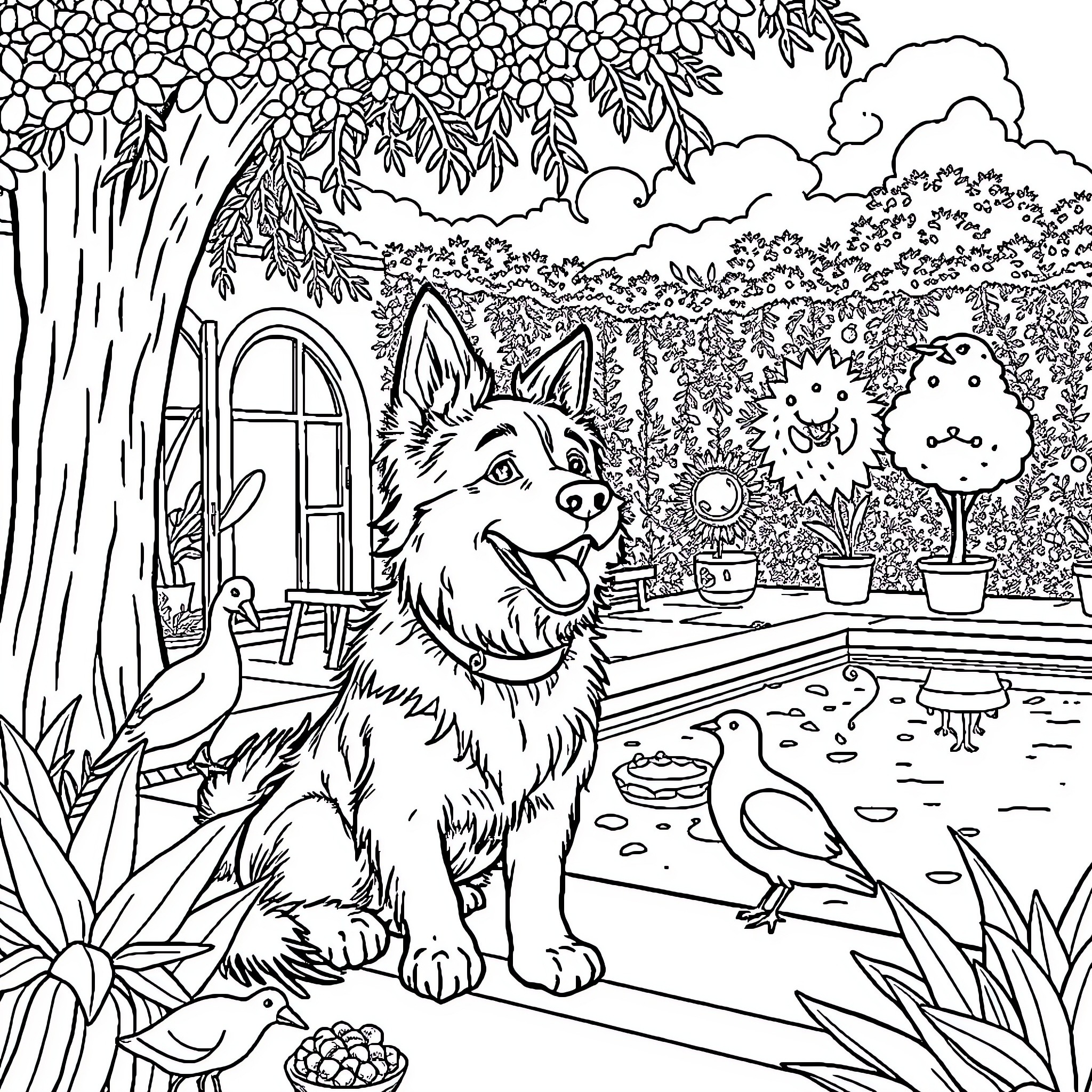 Chien dans un jardin fleuri et verdoyant Coloring Page (free black-and-white line drawing printable PDF for all, from beginners to advanced learners, including children, teens, adults, and seniors)