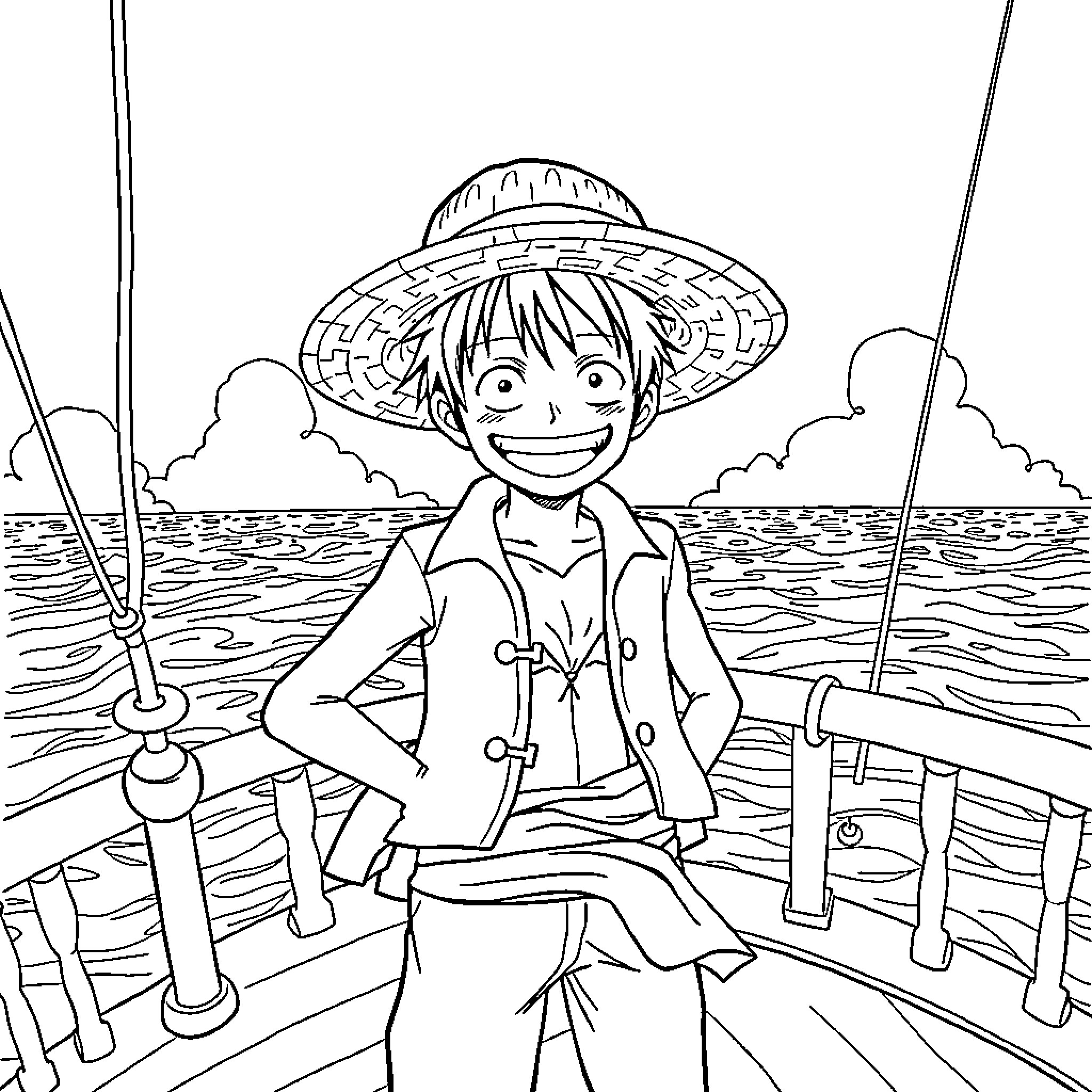 Monkey D Luffy on an adventure at sea Coloring Page (free black-and-white line drawing printable PDF for all, from beginners to advanced learners, including children, teens, adults, and seniors)