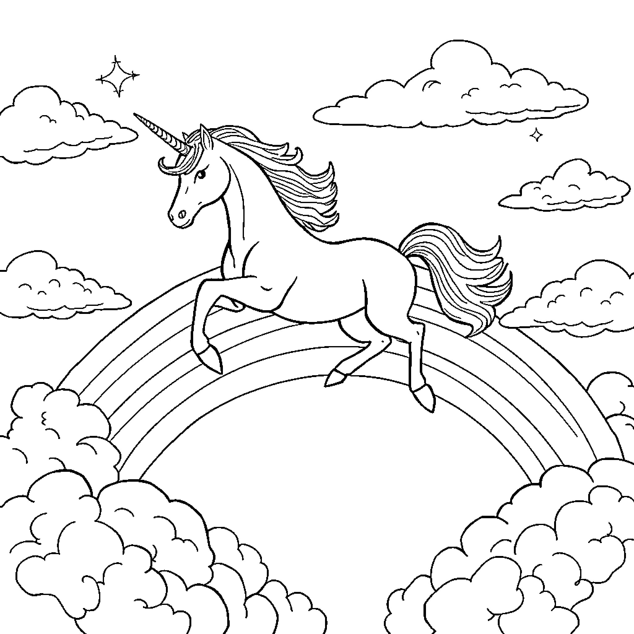 Unicorn galloping through the enchanted sky Coloring Page (free black-and-white line drawing printable PDF for all, from beginners to advanced learners, including children, teens, adults, and seniors)