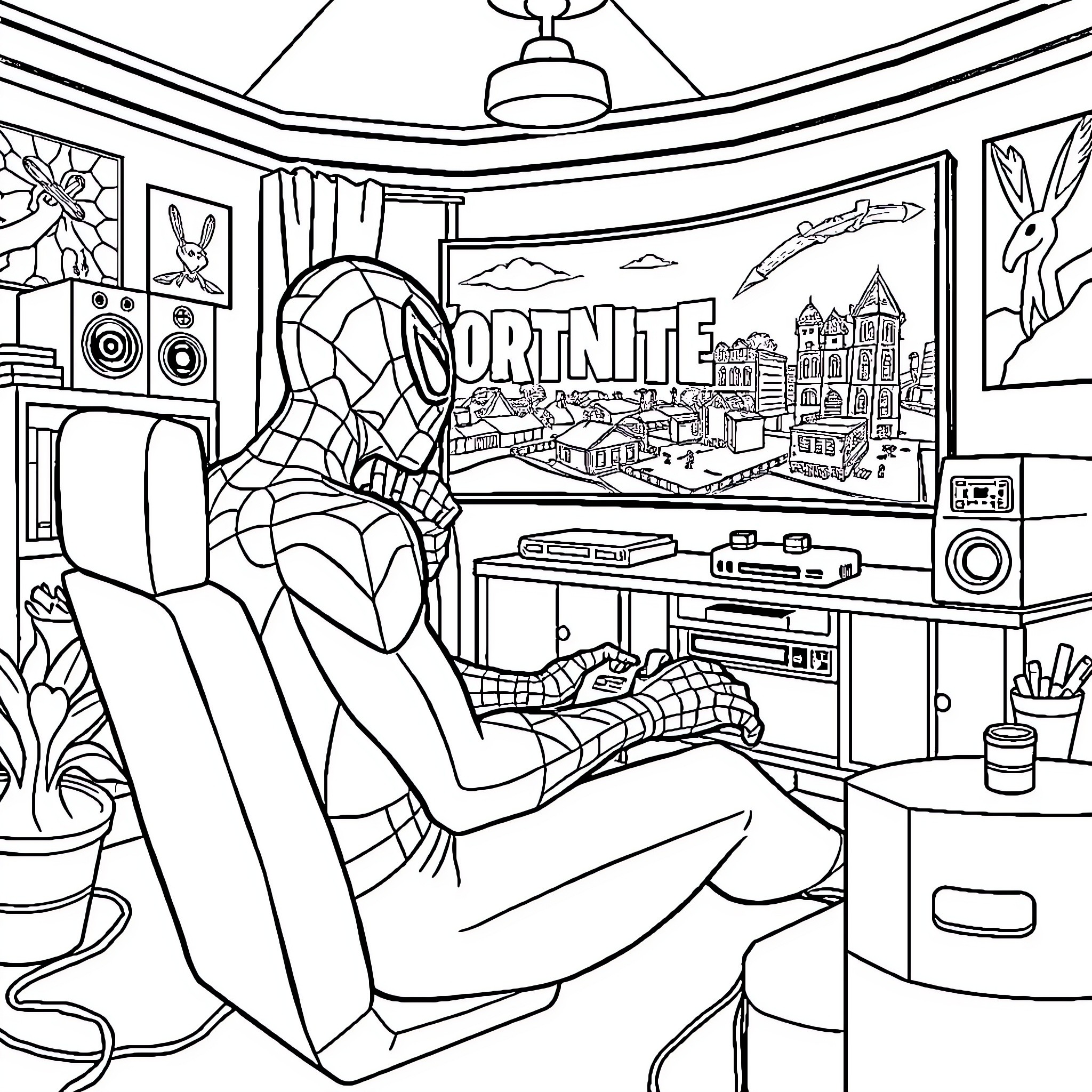 Spiderman relaxing in his room with Fortnite game Coloring Page (free black-and-white line drawing printable PDF for all, from beginners to advanced learners, including children, teens, adults, and seniors)