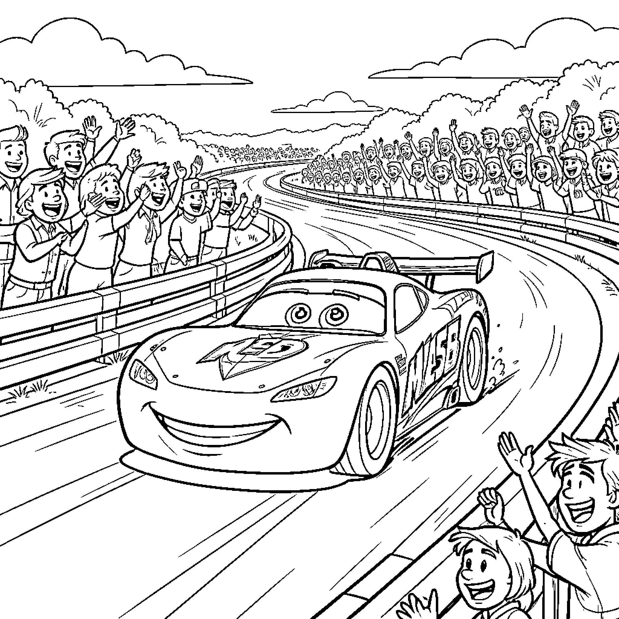 Flash McQueen racing fast past a cheering crowd Coloring Page (free black-and-white line drawing printable PDF for all, from beginners to advanced learners, including children, teens, adults, and seniors)