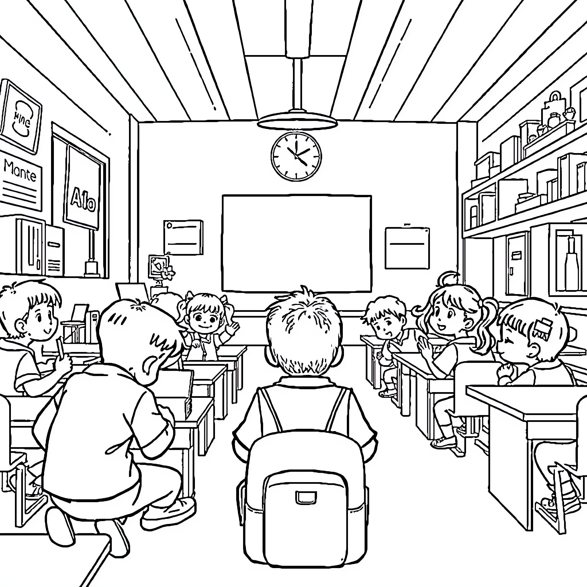 Sunday School Children Engaged in Classroom Activities Coloring Page (free black-and-white line drawing printable PDF for all, from beginners to advanced learners, including children, teens, adults, and seniors)