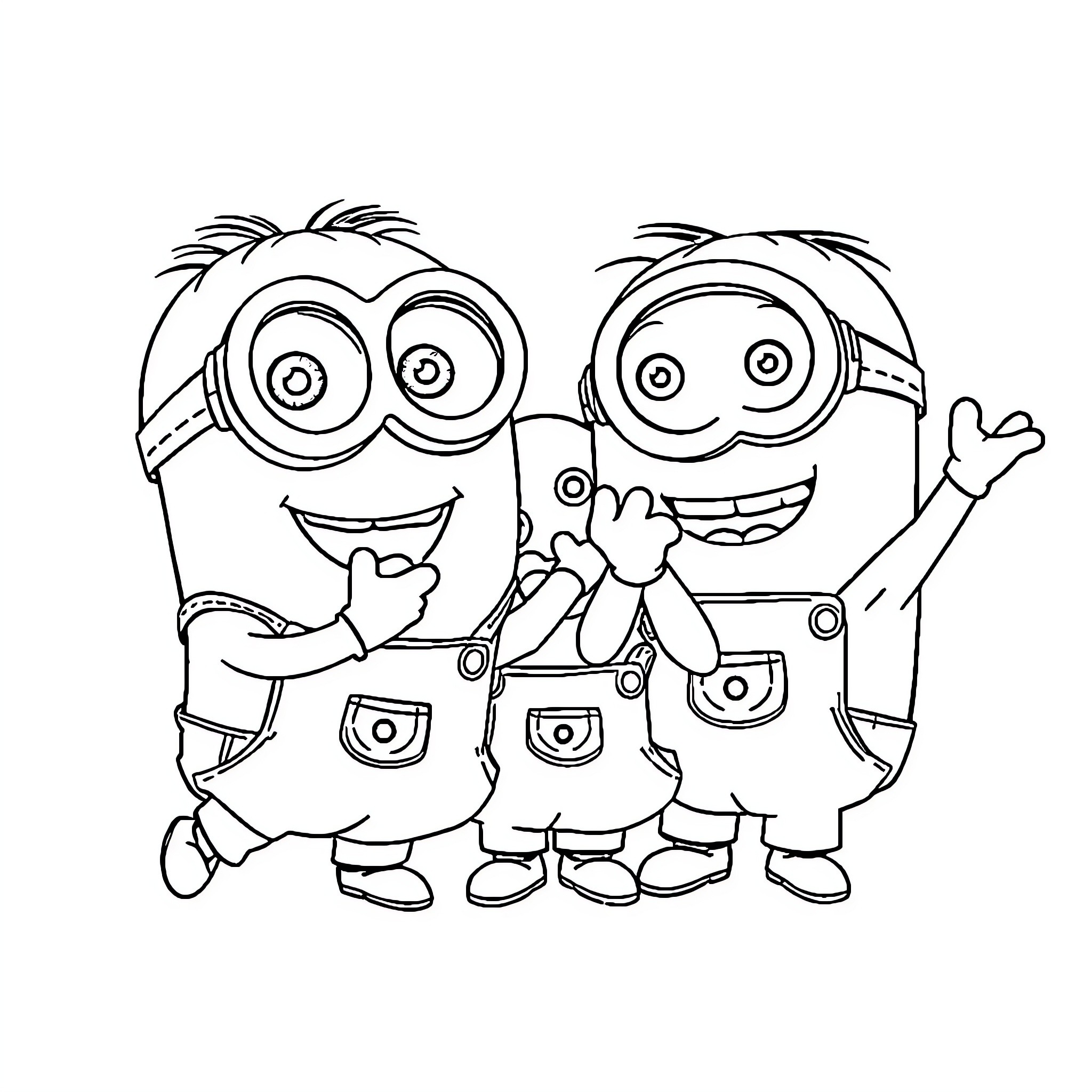Minions expressing joy and excitement Coloring Page (free black-and-white line drawing printable PDF for all, from beginners to advanced learners, including children, teens, adults, and seniors)