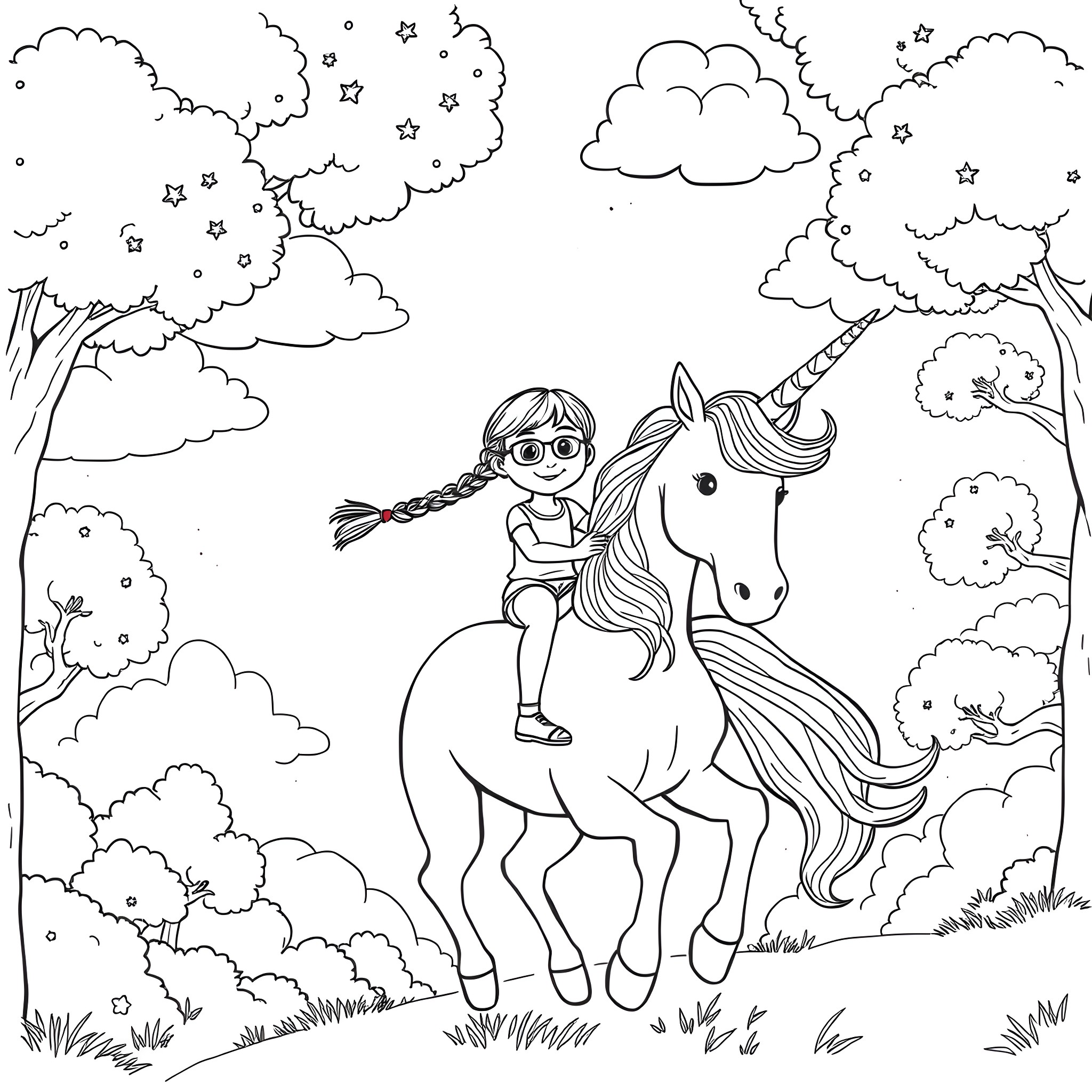 Girl riding a unicorn in a magical forest Coloring Page (free black-and-white line drawing printable PDF for all, from beginners to advanced learners, including children, teens, adults, and seniors)
