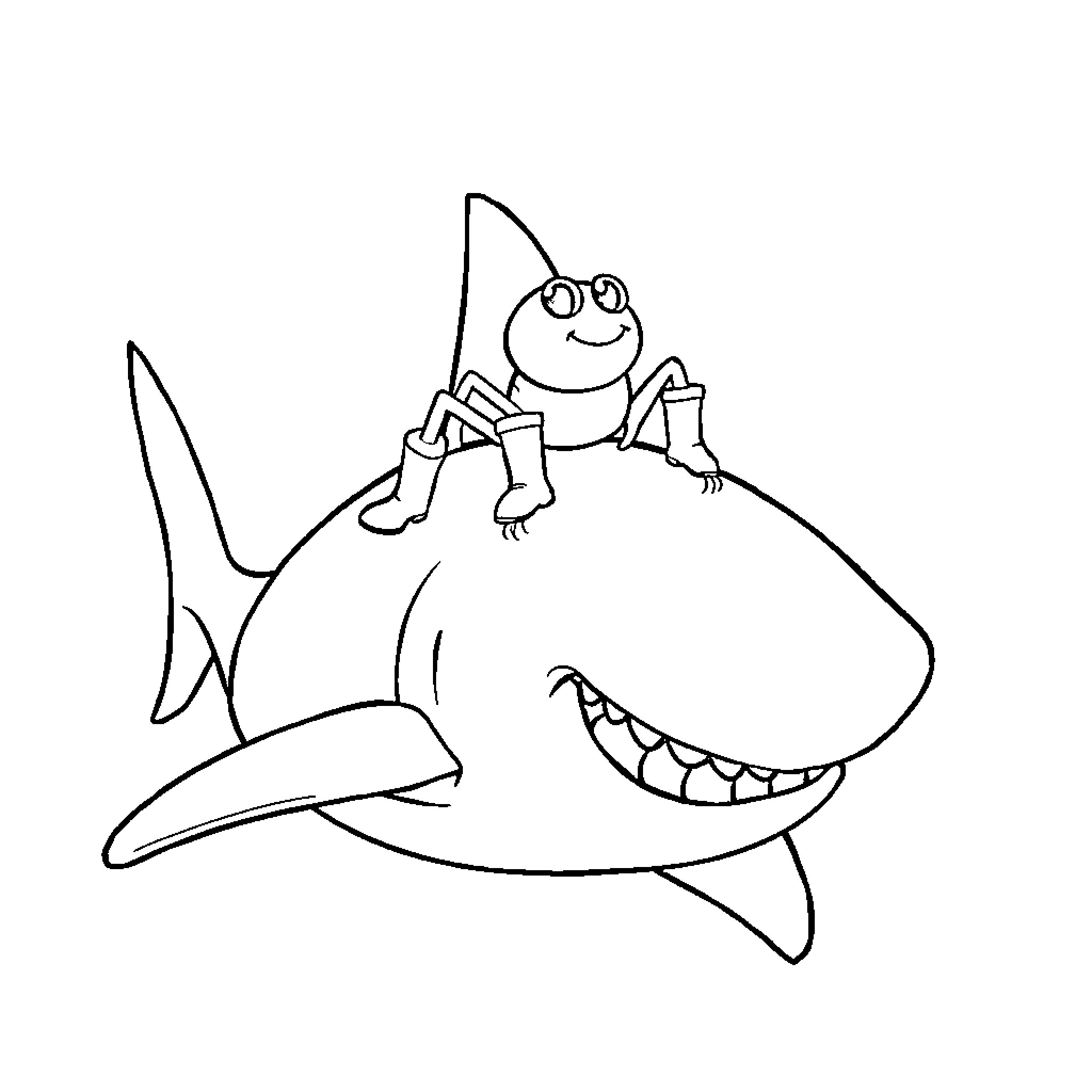 Spider riding a happy shark Coloring Page (free black-and-white line drawing printable PDF for all, from beginners to advanced learners, including children, teens, adults, and seniors)