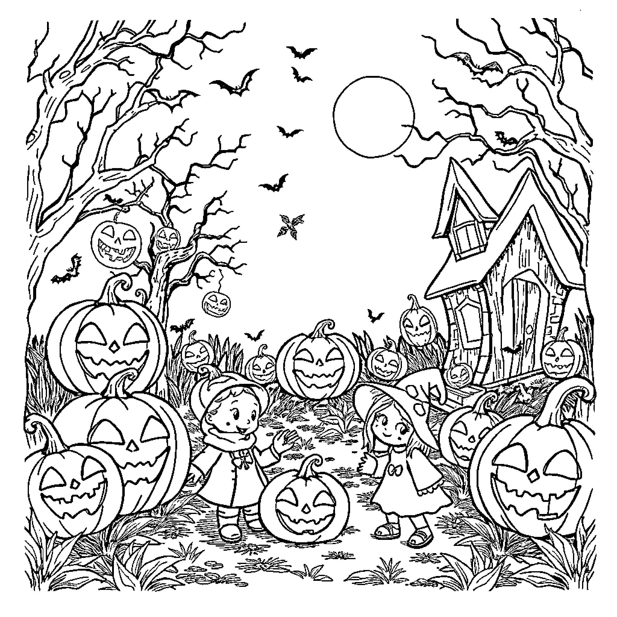 Halloween Trick-or-Treating in a Spooky Neighborhood Coloring Page (free black-and-white line drawing printable PDF for all, from beginners to advanced learners, including children, teens, adults, and seniors)