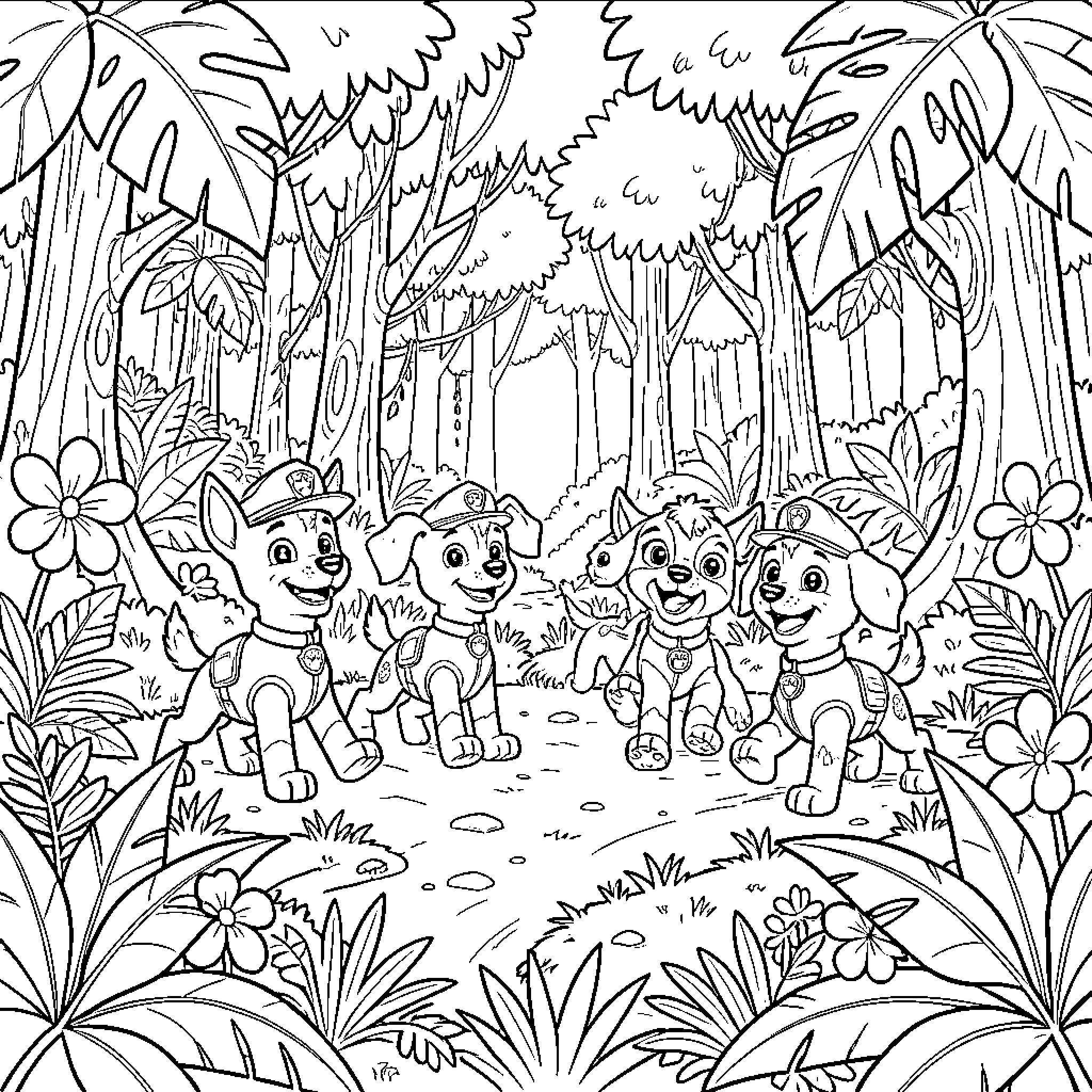 Paw Patrol Exploring the Colorful Jungle Coloring Page (free black-and-white line drawing printable PDF for all, from beginners to advanced learners, including children, teens, adults, and seniors)